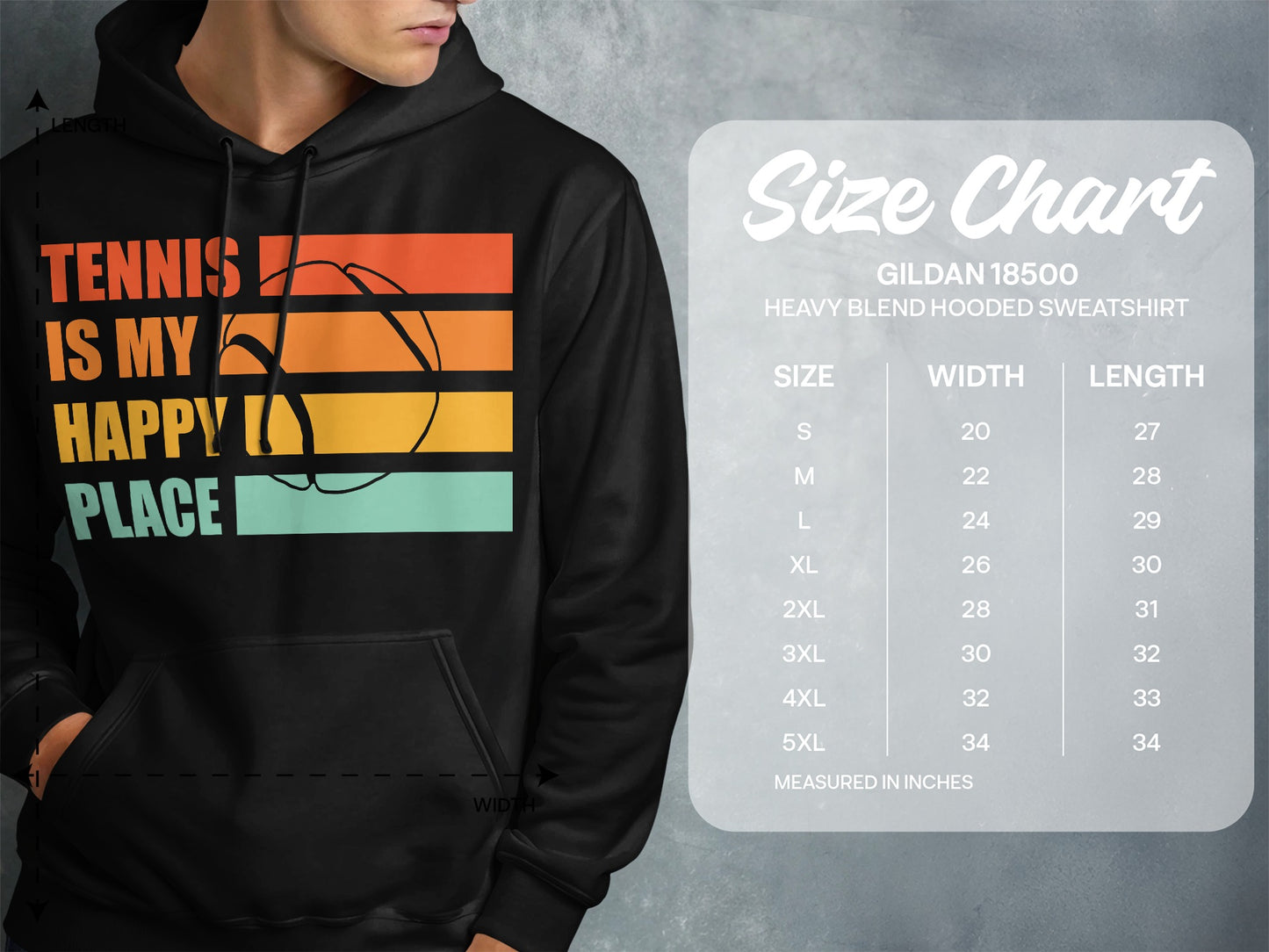 Hoodie with "Tennis is my happy place" graphic and size chart.
