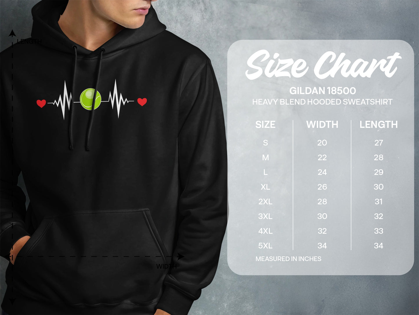 Gildan 18500 hooded sweatshirt size chart with width and length measurements in inches.
