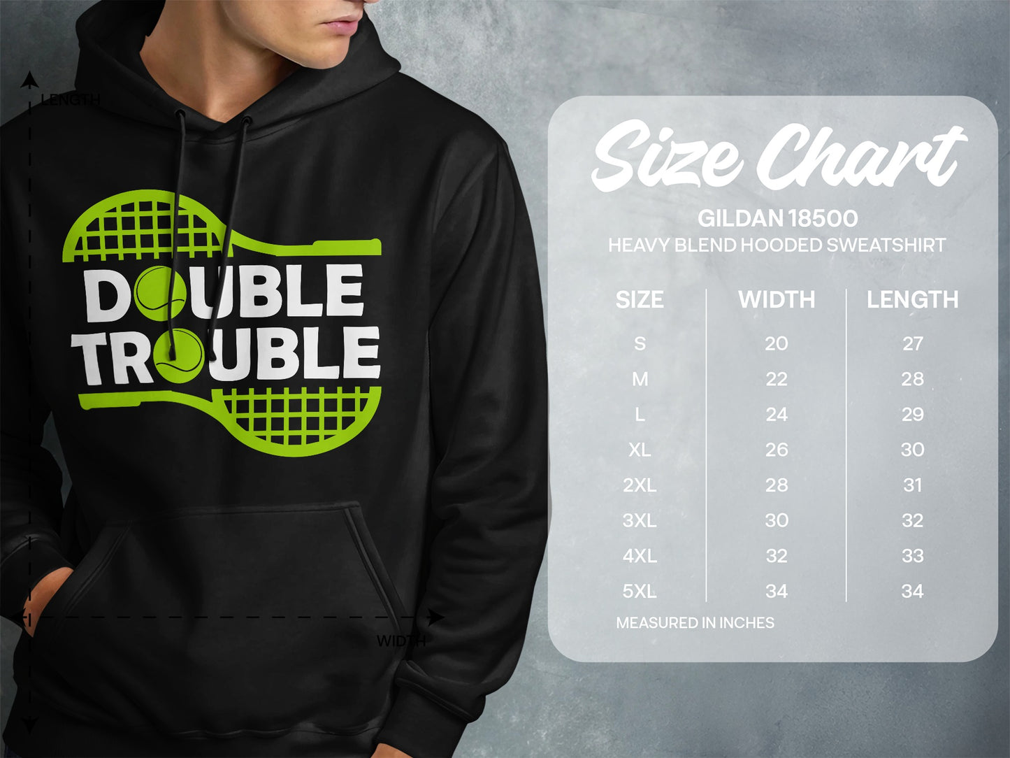 Gildan 18500 hoodie size chart with "Double Trouble" graphic.