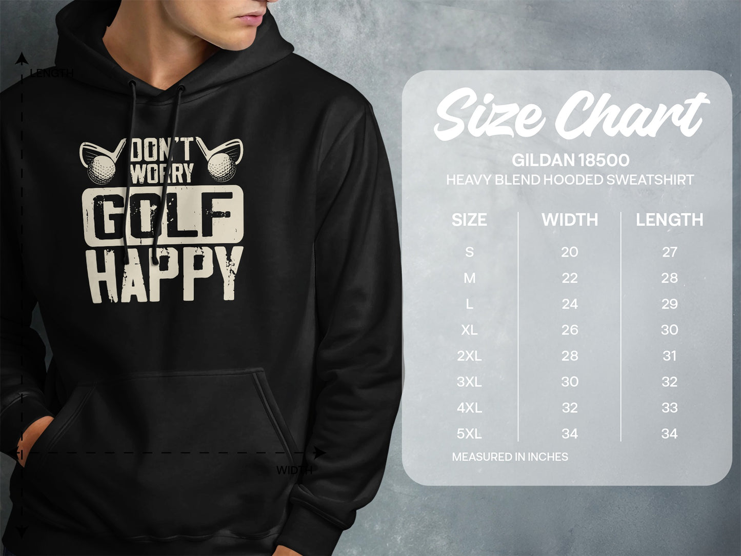 Hooded sweatshirt with "Golf Happy" graphic and Gildan 18500 size chart.