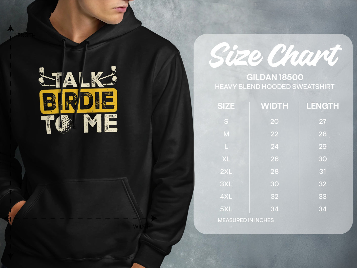 Hooded sweatshirt with "Talk Birdie To Me" design and size chart.