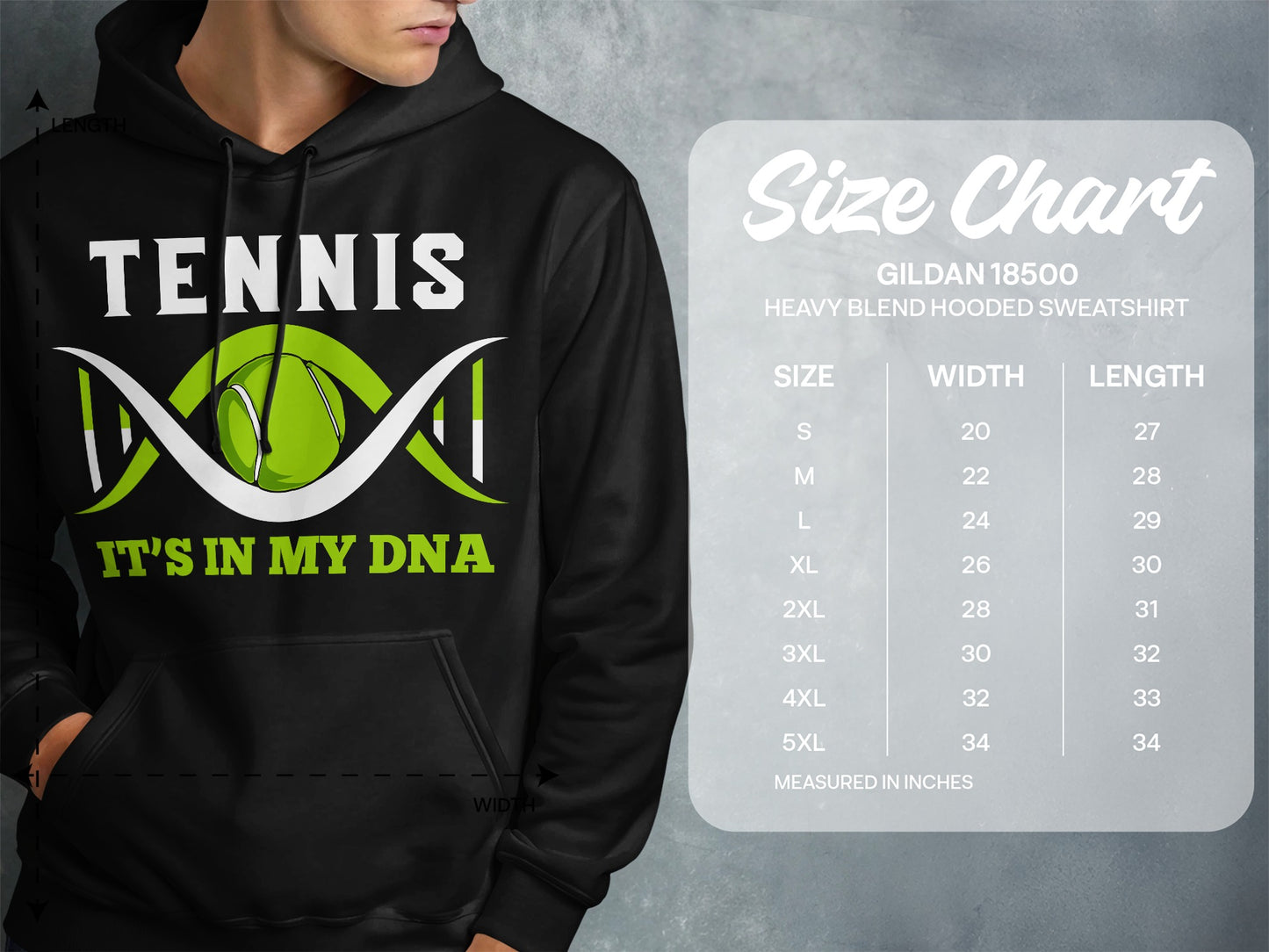 Hoodie with "TENNIS IT'S IN MY DNA" and size chart.