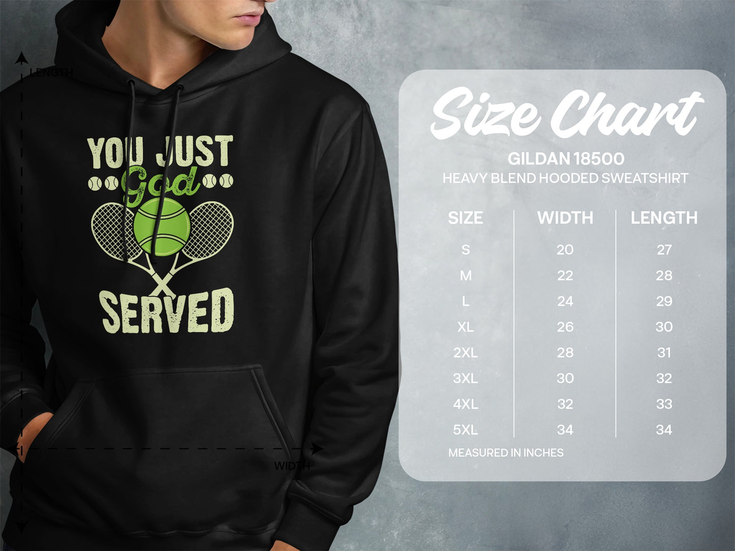 Hooded sweatshirt size chart with tennis graphic and "You Just God Served" text.