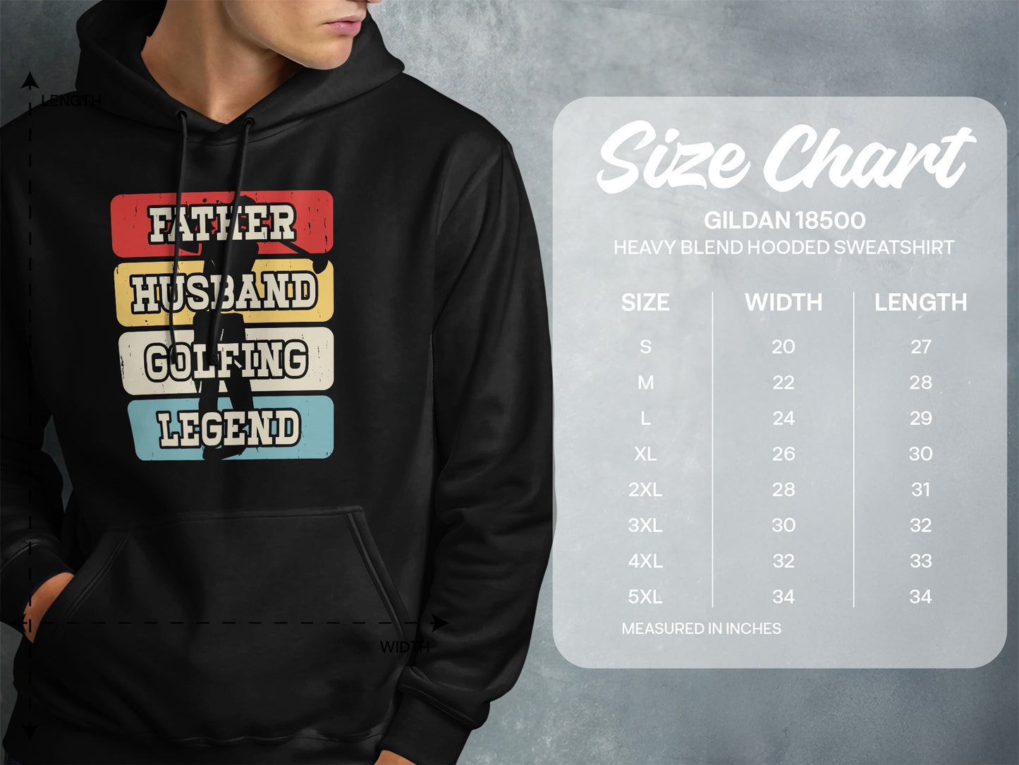 Hoodie with "Father Husband Golfing Legend" graphic and Gildan size chart.