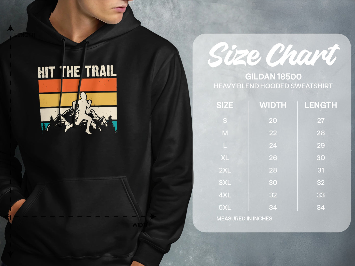 Hooded sweatshirt with "Hit the Trail" graphic and size chart.