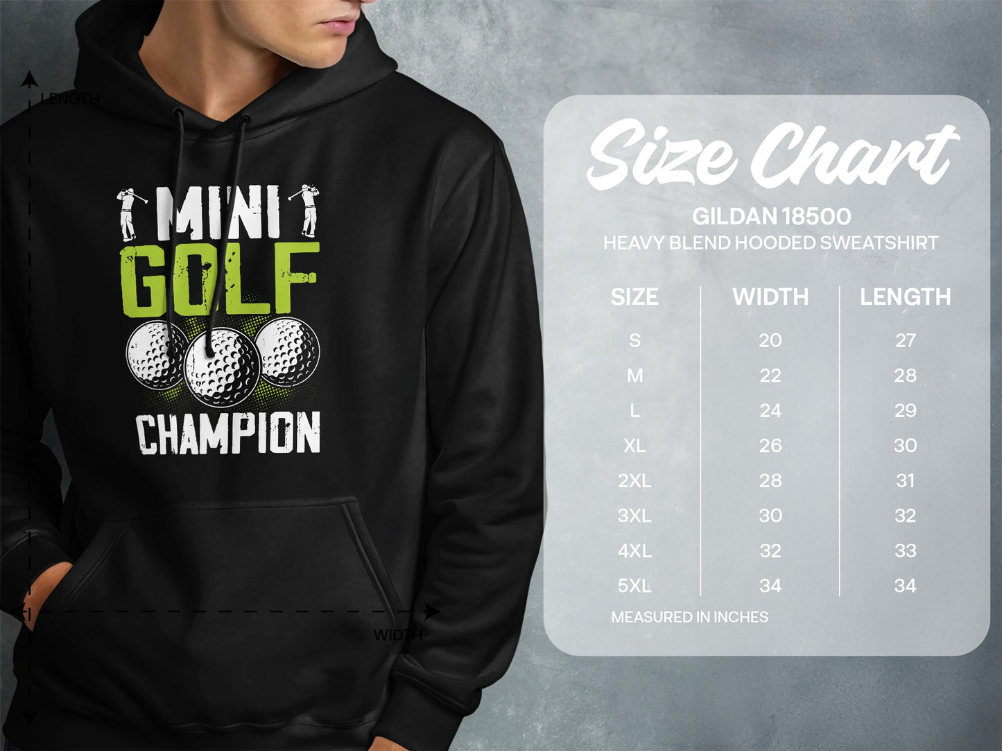 Black hoodie with "MINI GOLF CHAMPION" text and golf balls; size chart.