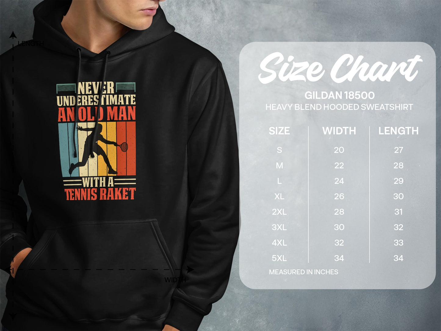 Men's hoodie size chart with Gideon 18500 sweatshirt measurements.