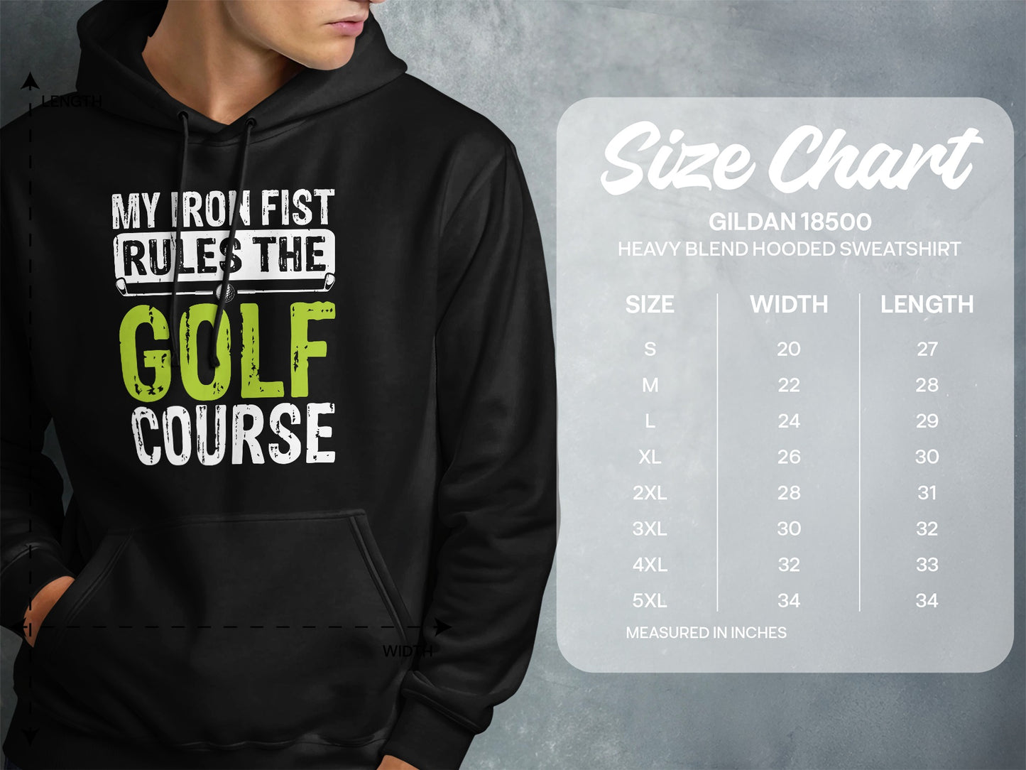 Hooded sweatshirt with "My Iron Fist Rules the Golf Course" graphic and size chart.
