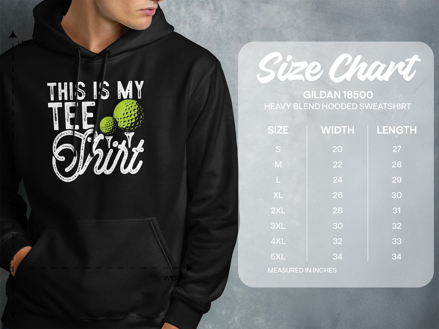 Hooded sweatshirt with "THIS IS MY TEE-SHIRT" graphic and size chart.