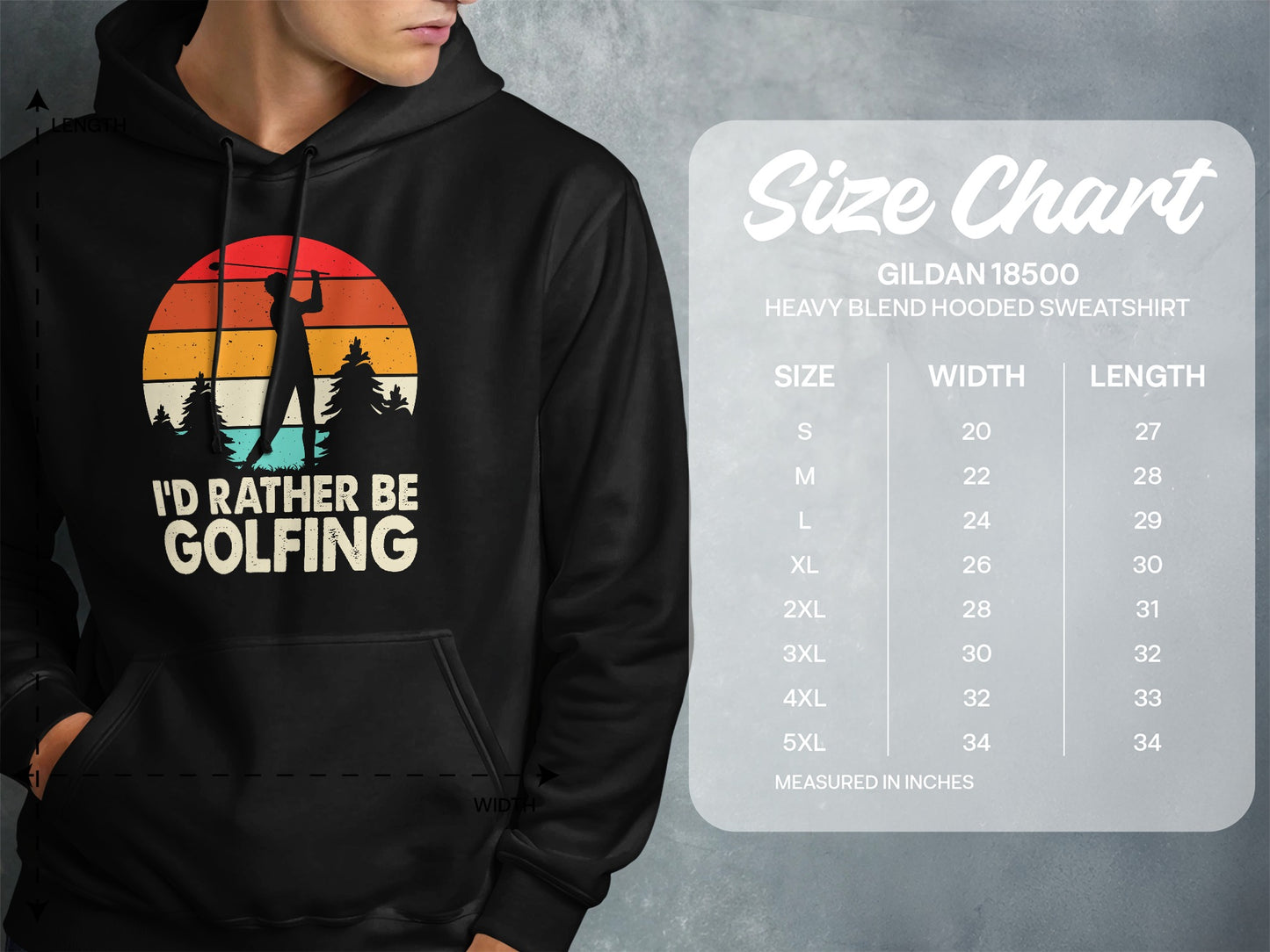 Hoodie with "I'd Rather Be Golfing" text and size chart.