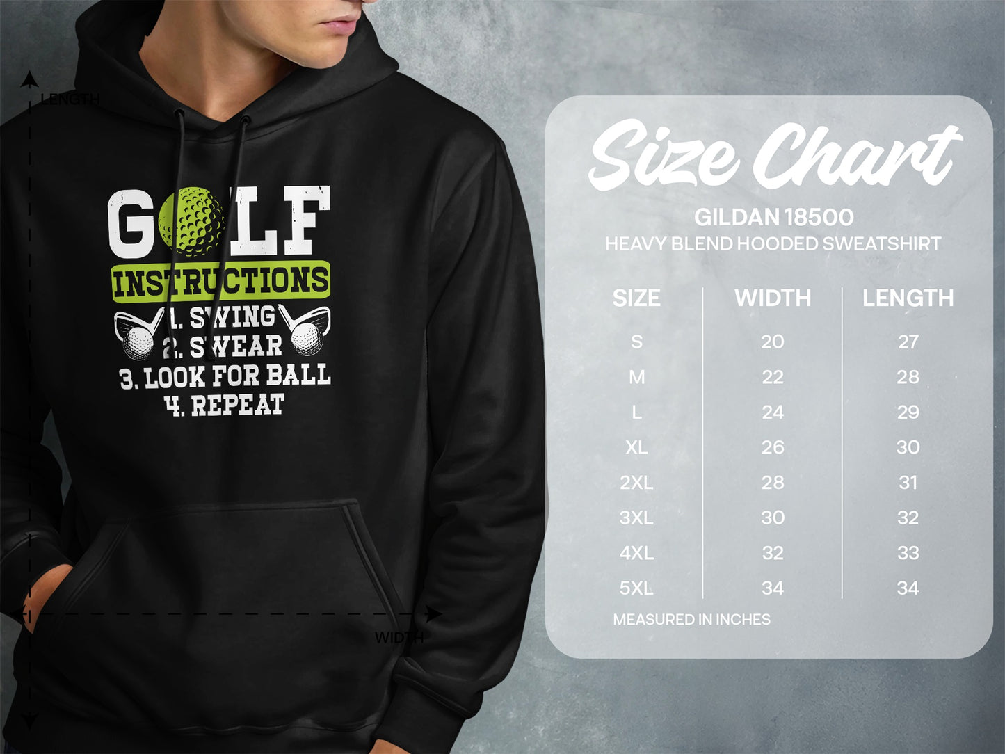 Hooded sweatshirt with "Golf Instructions" graphic and size chart.