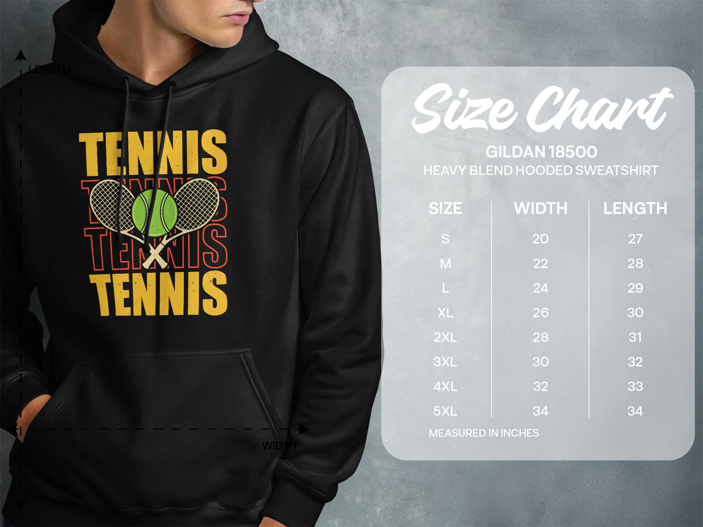 Hooded sweatshirt size chart with tennis graphic.