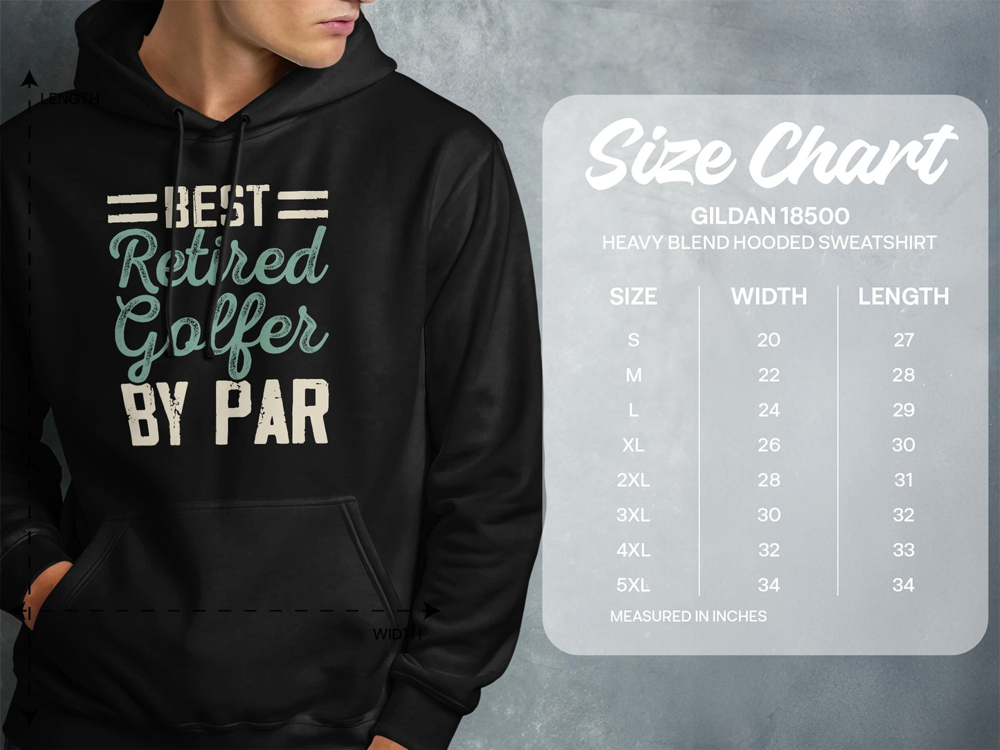 Men's "Retired Golfer BY PAR" hoodie size chart with measurements.