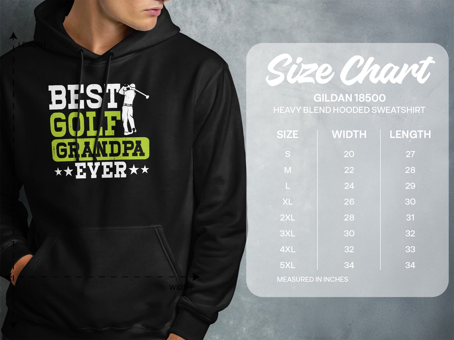 Black Gildan hoodie with "Best Golf Grandpa Ever" graphic and size chart.