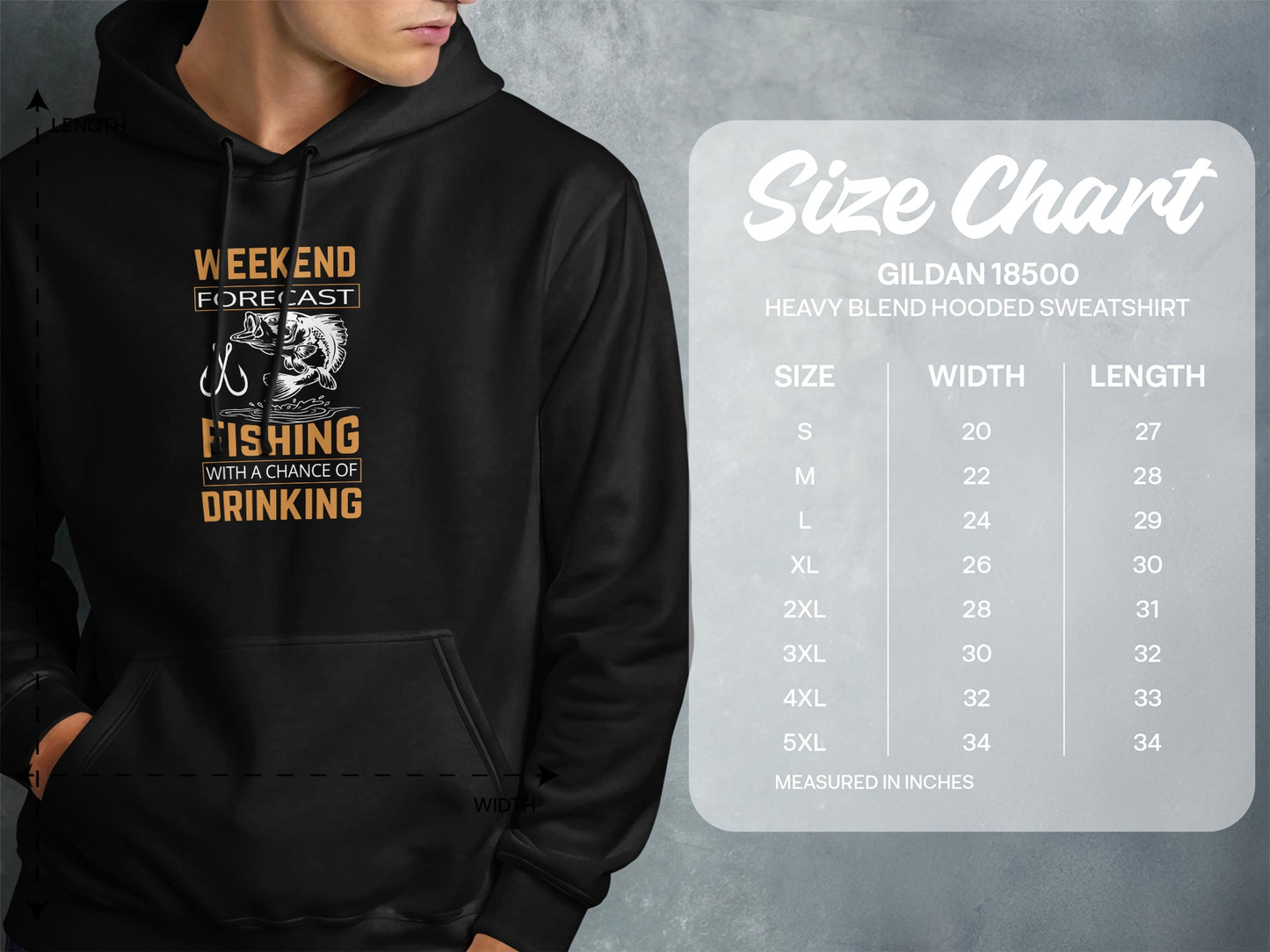 Gildan 18500 hoodie size chart with fishing graphic.