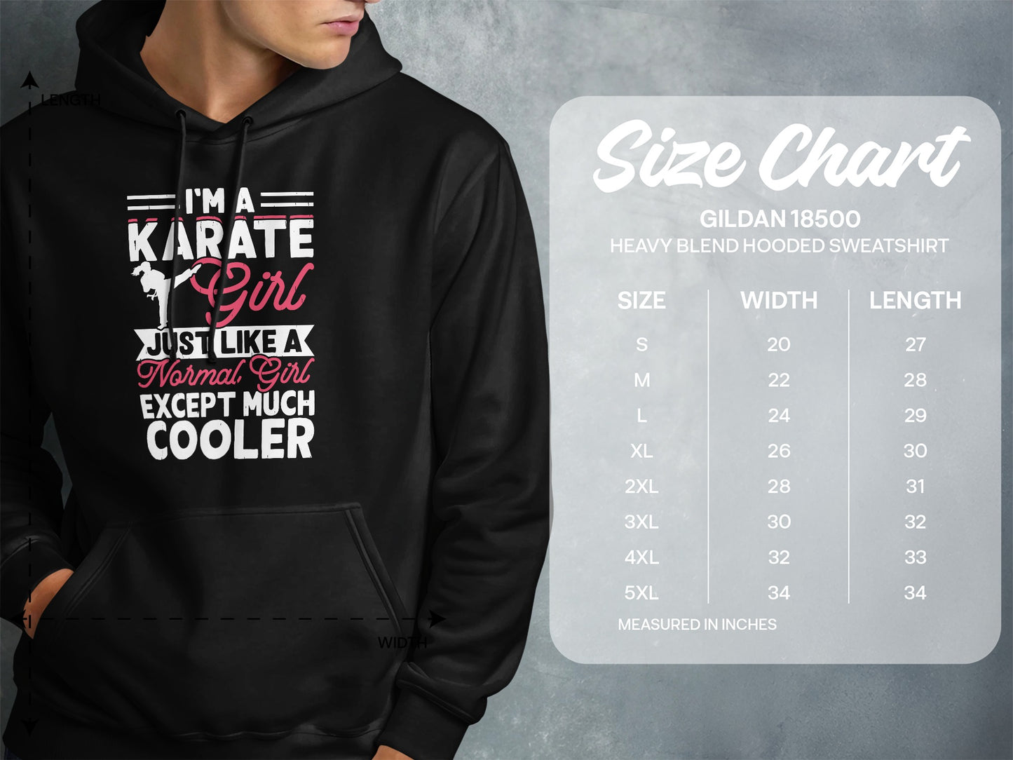 Hooded sweatshirt with size chart and "Karate Girl" graphic.