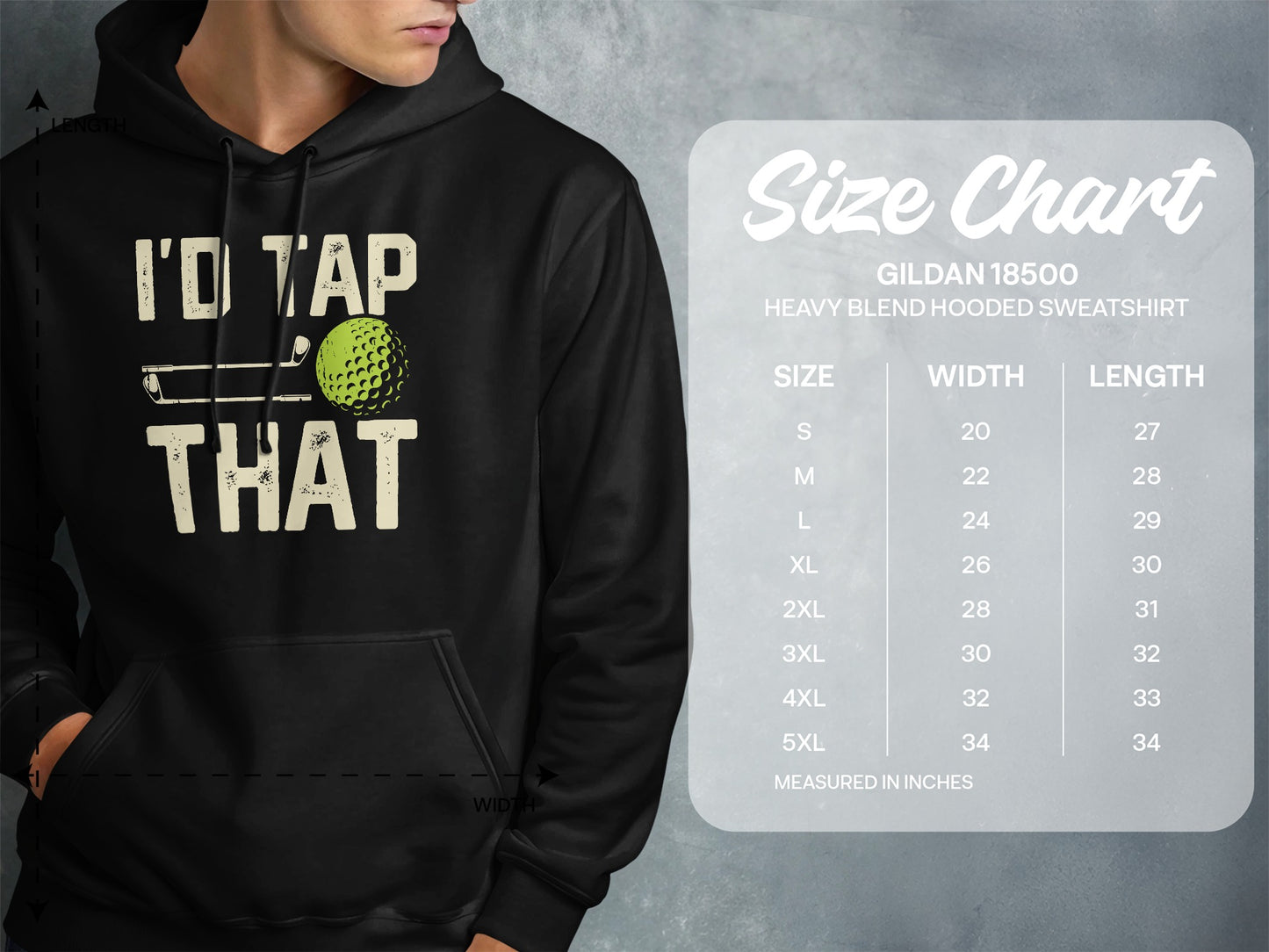 Gildan 18500 hooded sweatshirt size chart for width and length.