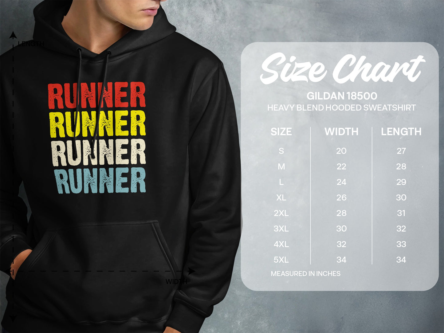 Hooded sweatshirt size chart with running graphic and measurements.