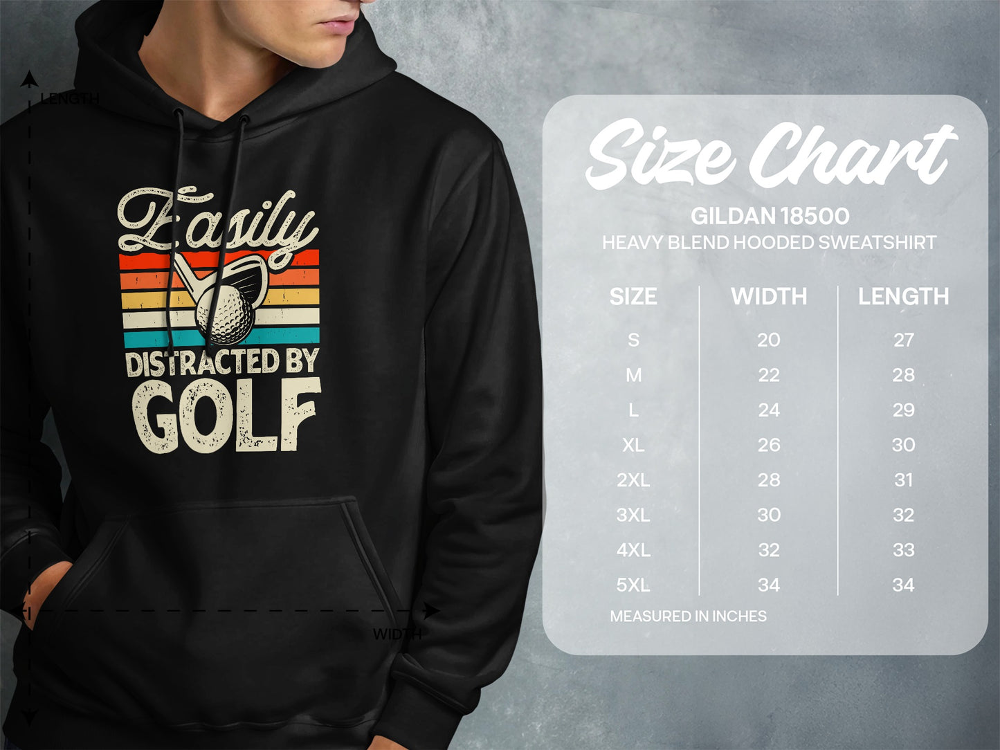 Hooded sweatshirt with "Easily Distracted By Golf" graphic and Gildan size chart.