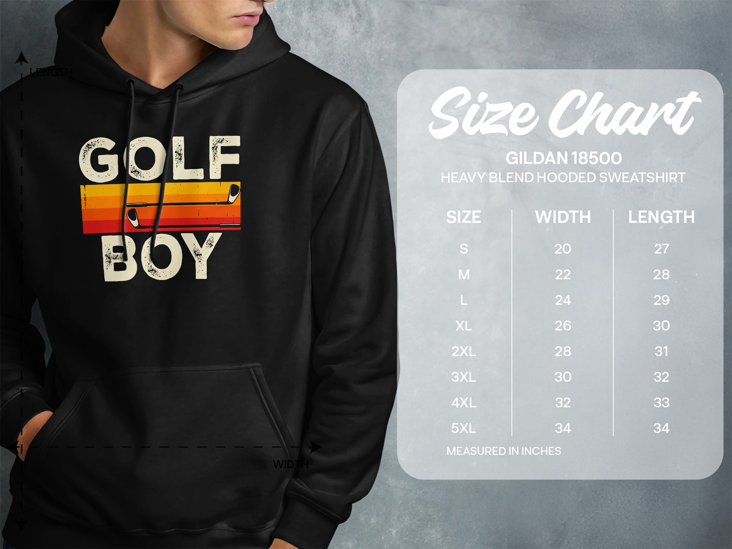 Gildan 18500 hooded sweatshirt size chart showing measurements in inches.