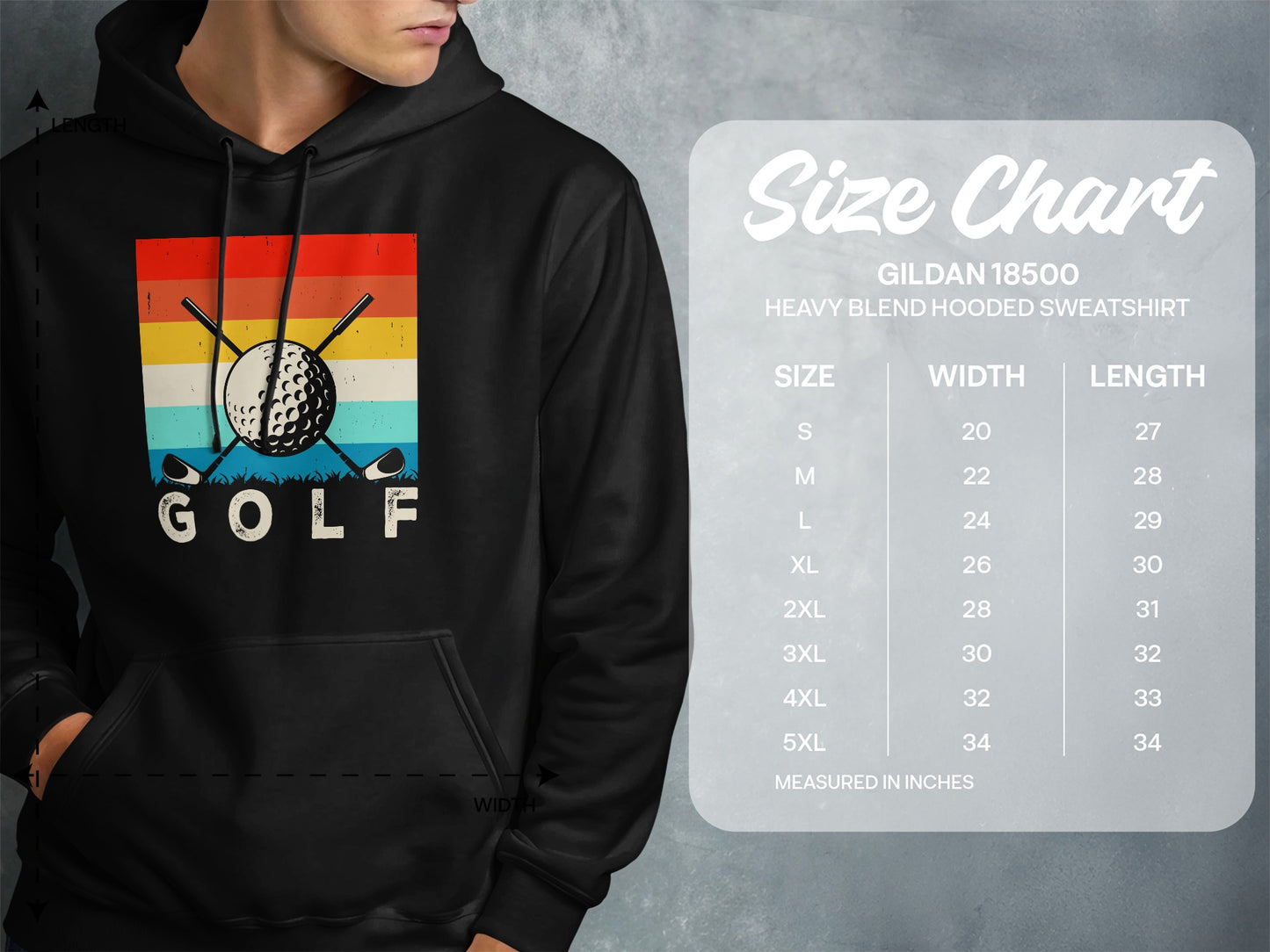 Gildan 18500 hooded sweatshirt size chart with golf graphic.