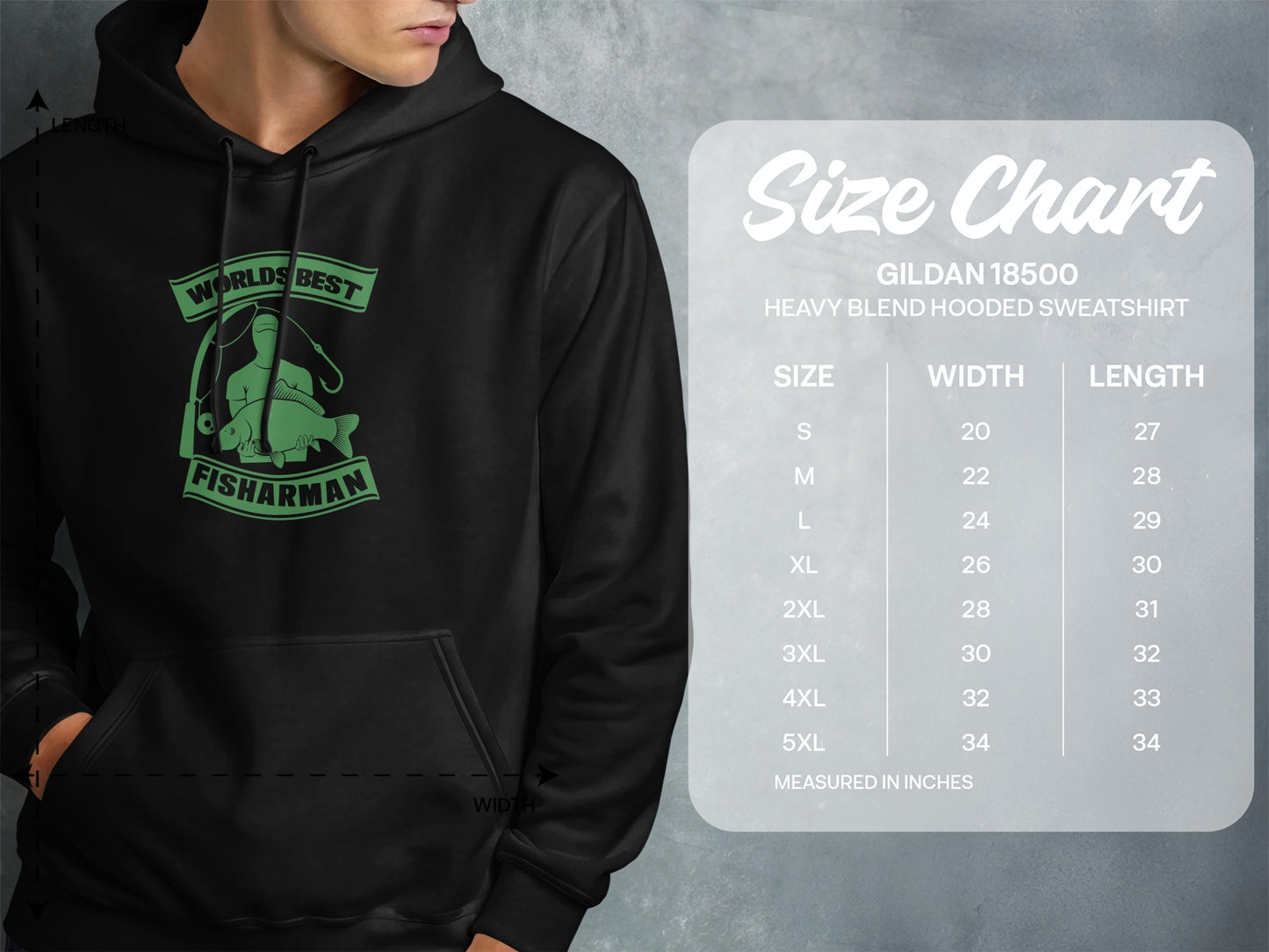 Gildan 18500 hoodie size chart with measurements in inches.