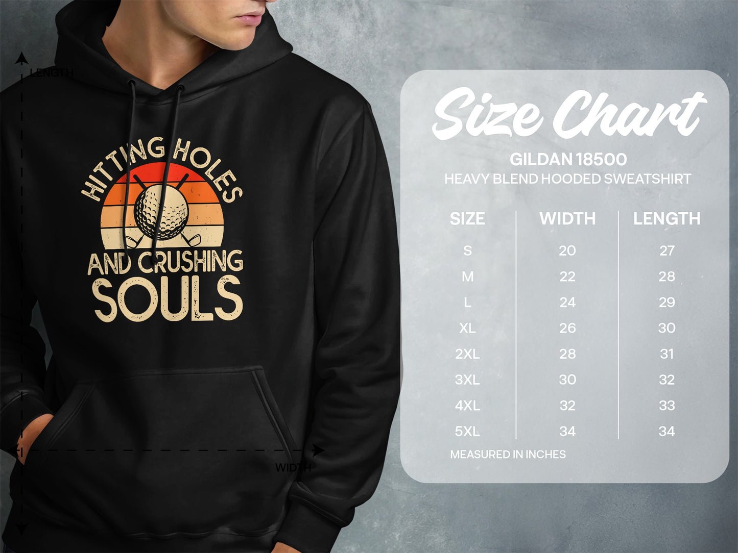 Hoodie with "Hitting Holes and Crushing Souls" text and size chart.