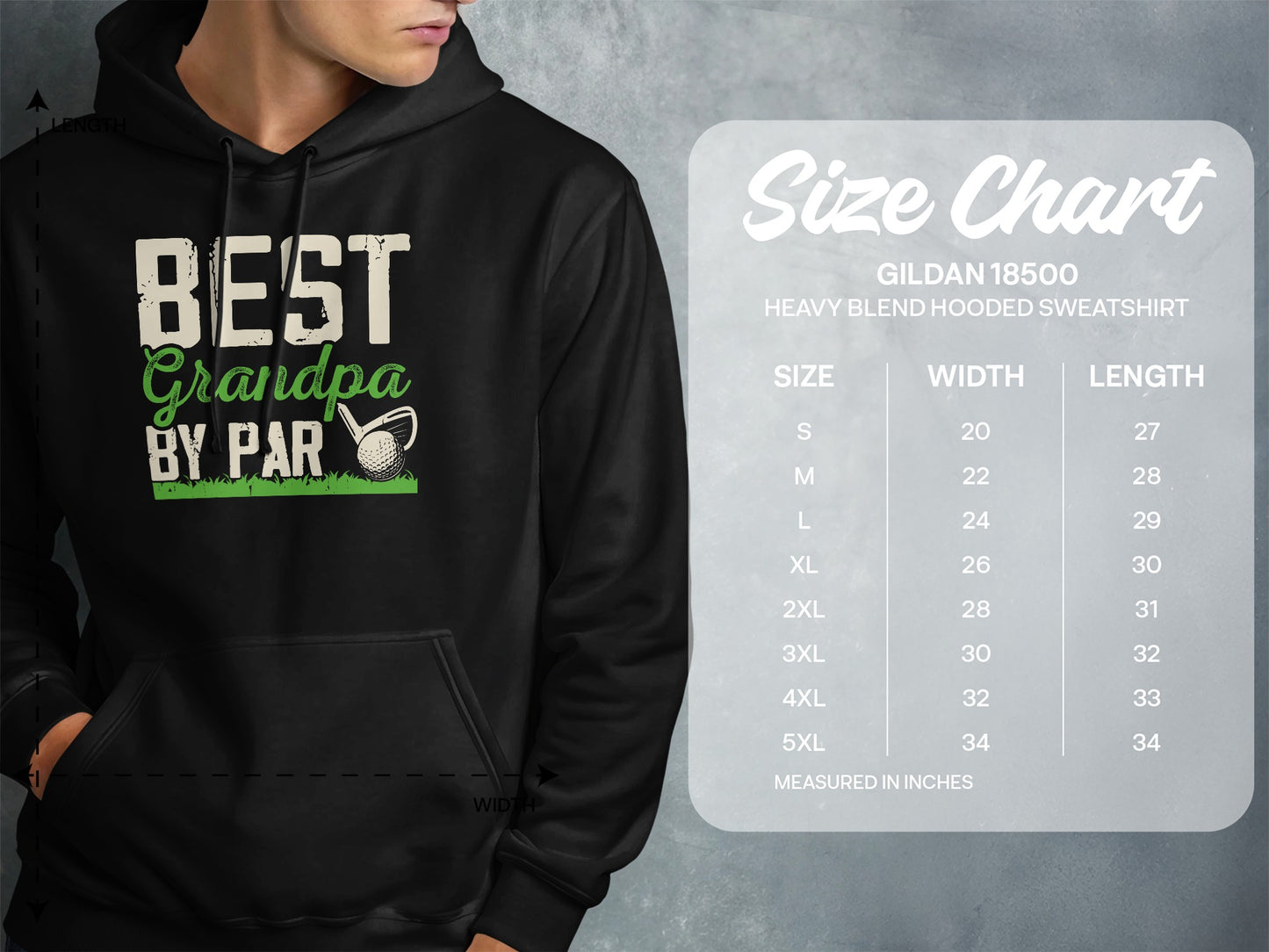 Hoodie with "Best Grandpa by Par" text and golf graphic, alongside a size chart.