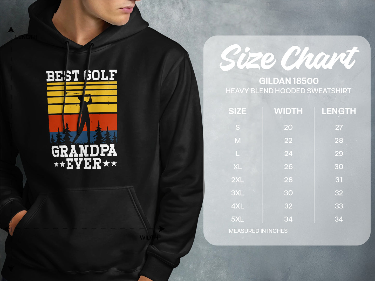 Best Golf Grandpa hooded sweatshirt size chart with measurements.