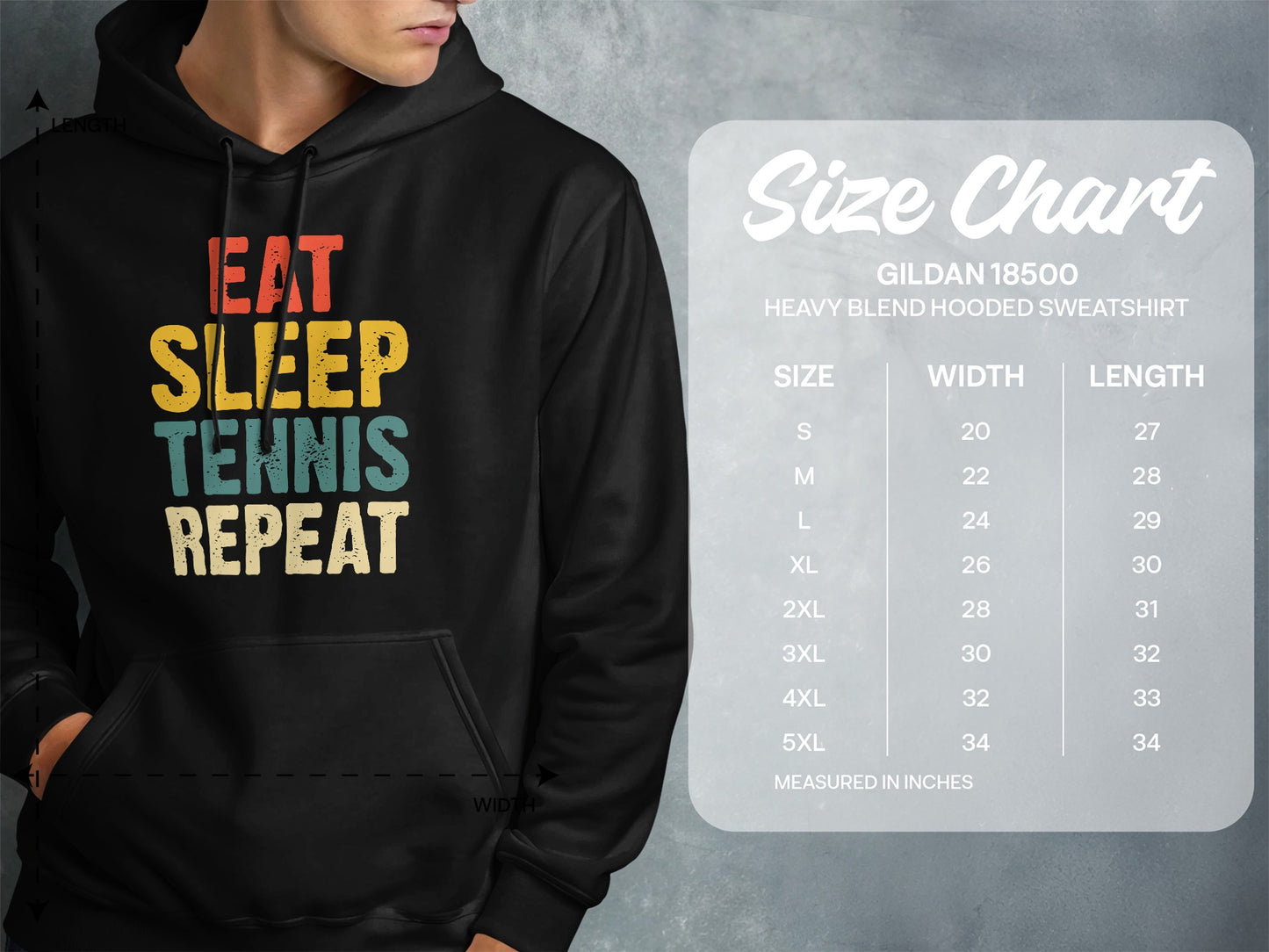 Hoodie with "Eat Sleep Tennis Repeat" graphic and size chart.
