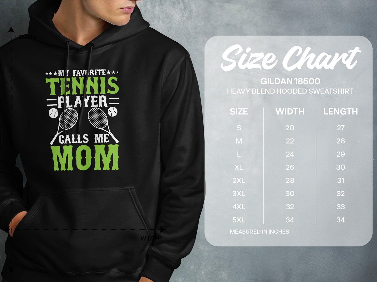 Hooded sweatshirt size chart showing Gildan 18500 measurements in inches.