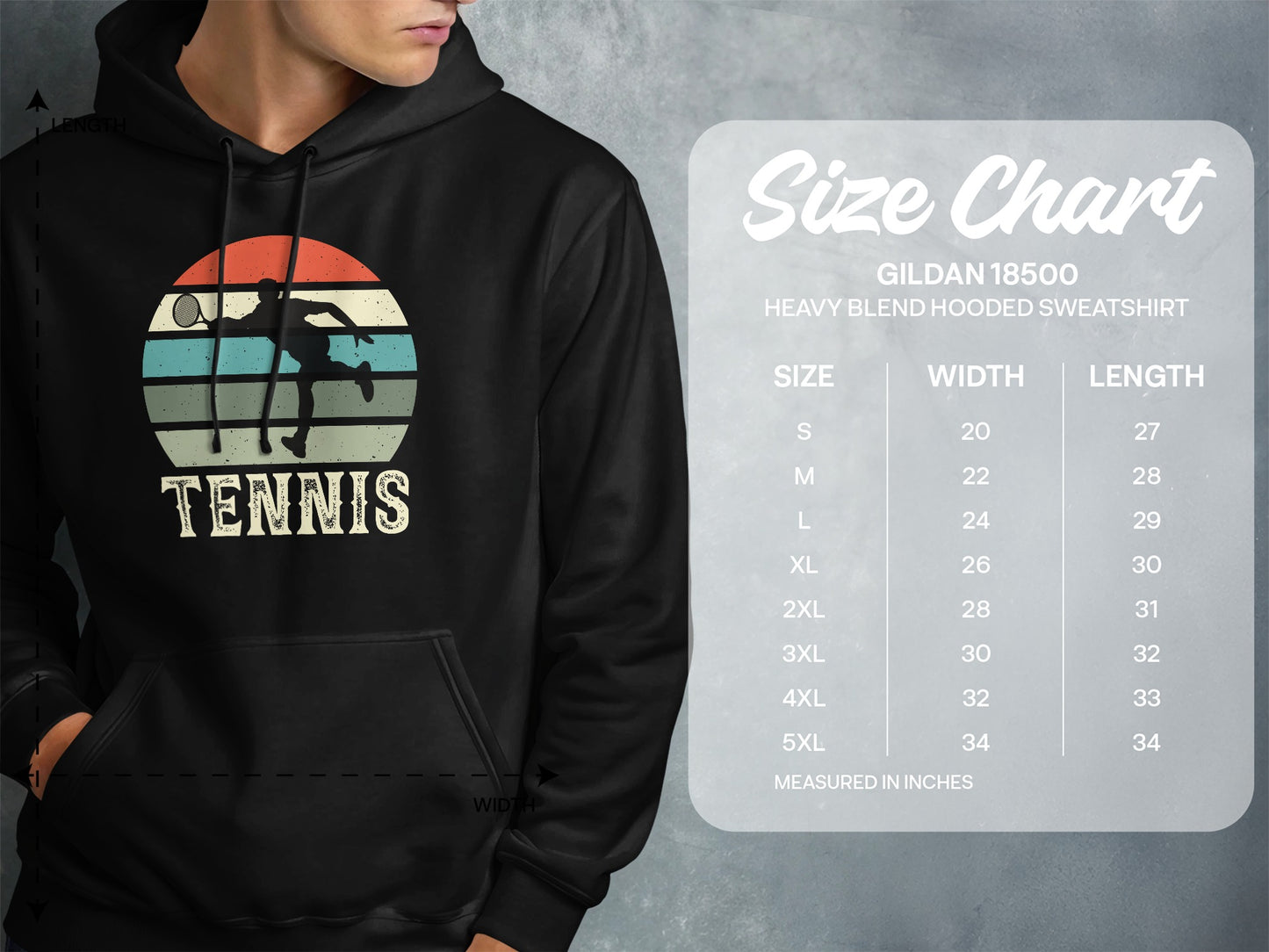 Gildan 18500 size chart for hooded sweatshirts showing measurements.
