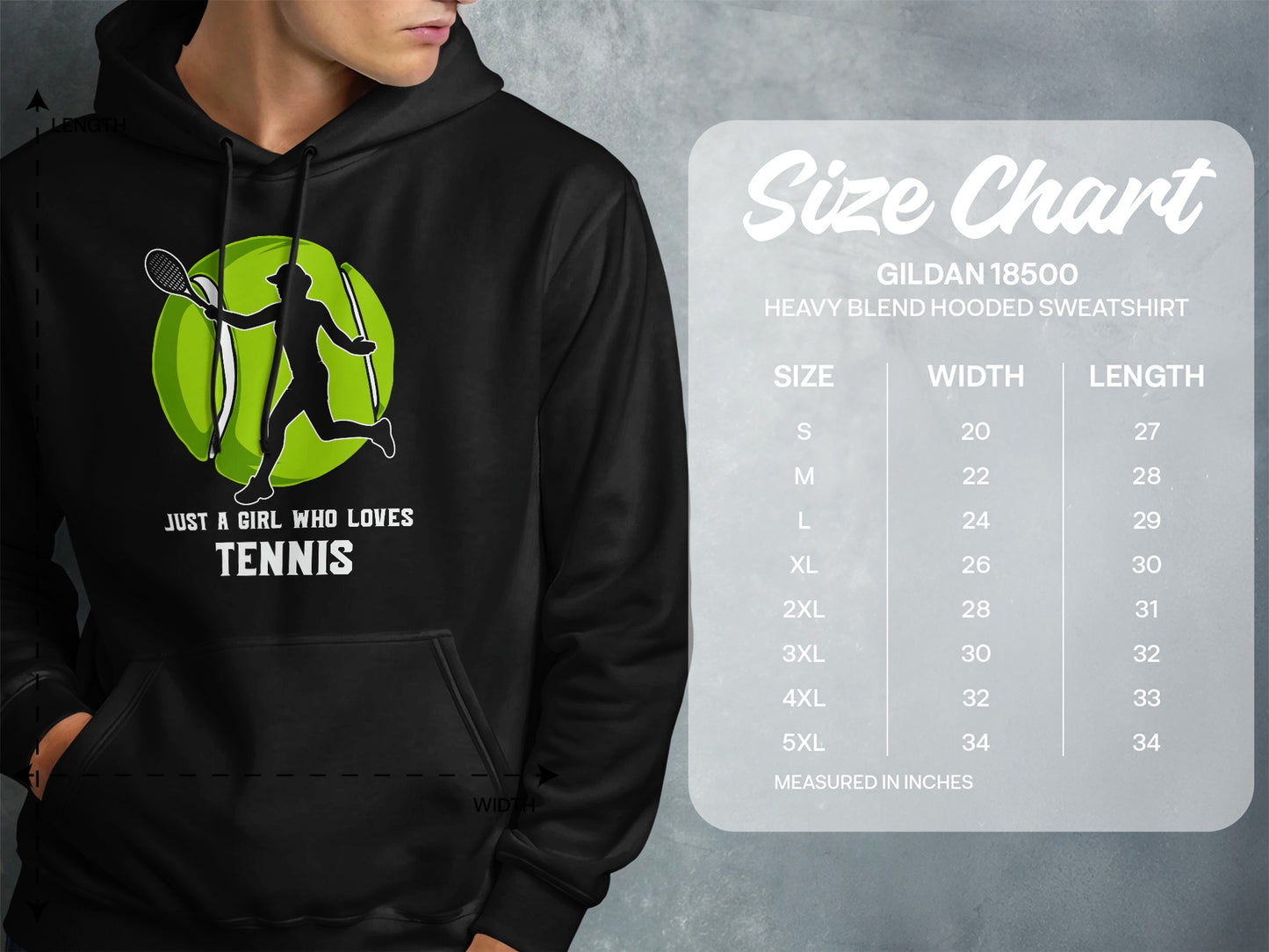 Hoodie with tennis graphic and size chart for Gildan 18500 sweatshirt.