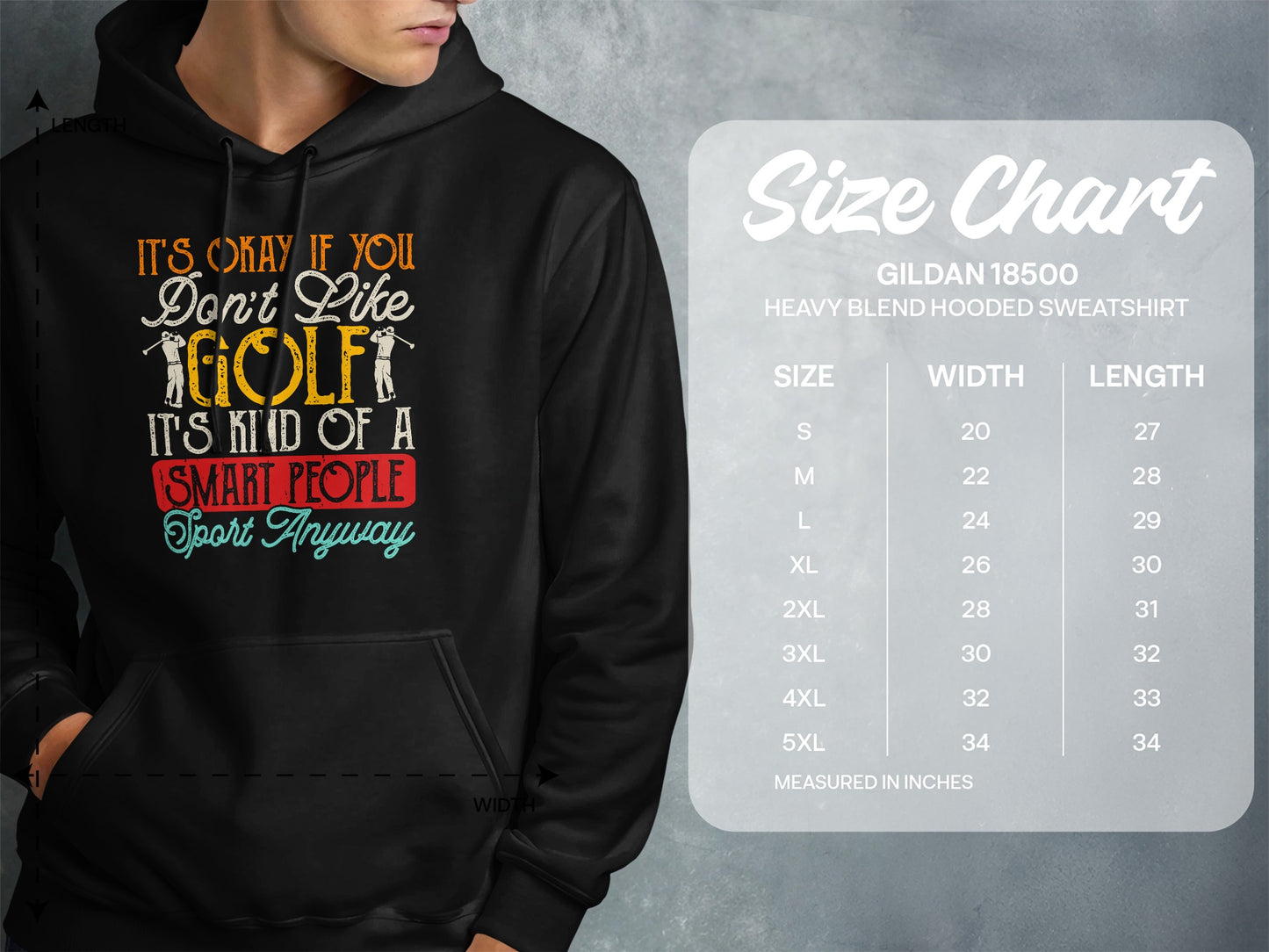 Hooded sweatshirt with "Golf is Kind of a Smart People Sport" graphic and size chart.