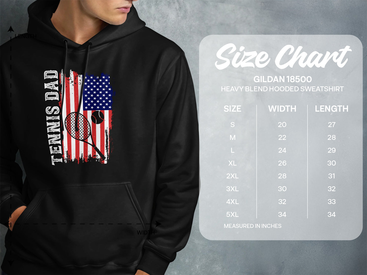 Hooded sweatshirt size chart for Gildan 18500 heavy blend with tennis dad graphic.
