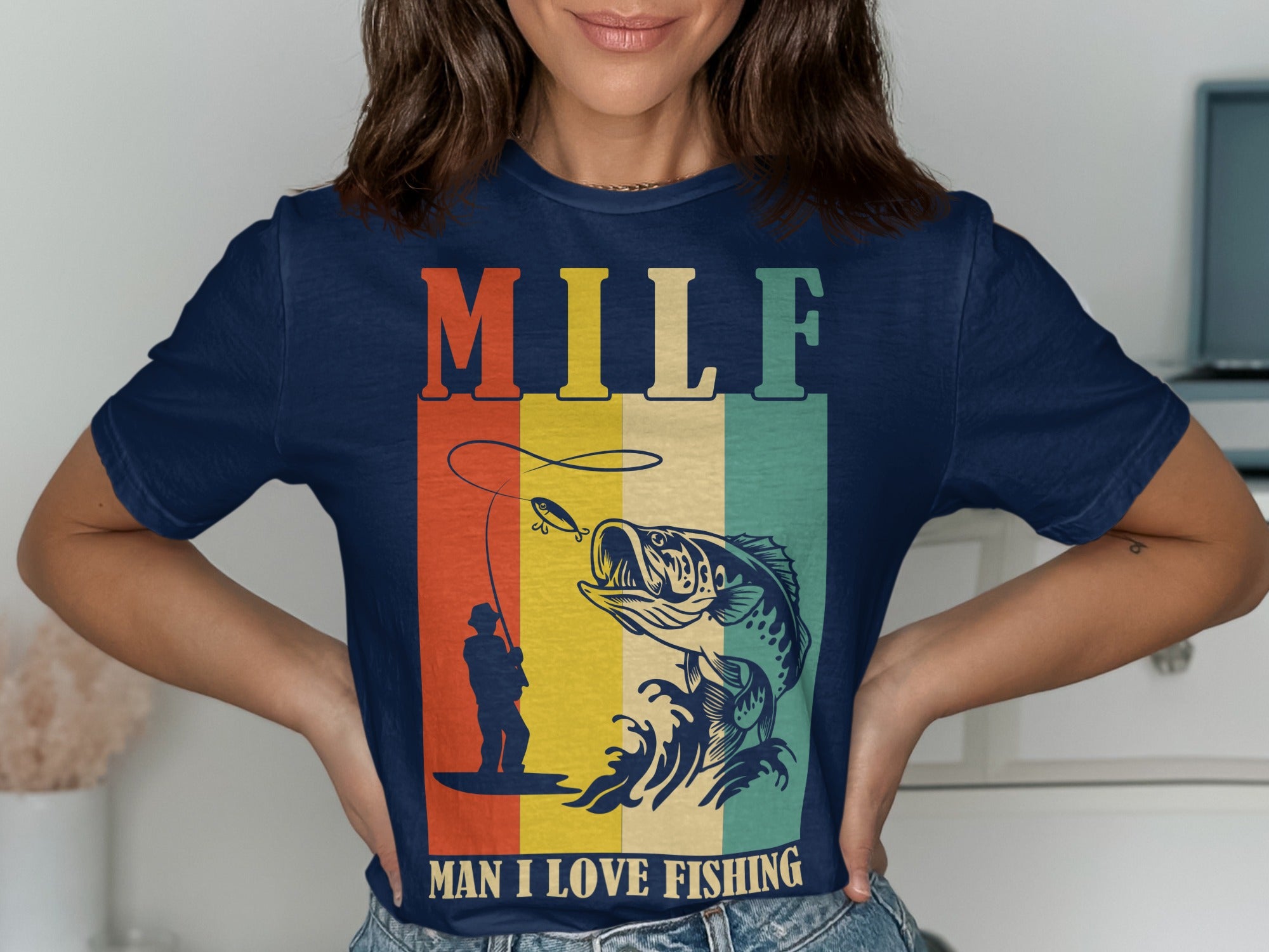 MILF Man I Love Fishing graphic tee with a fisherman and leaping fish.
