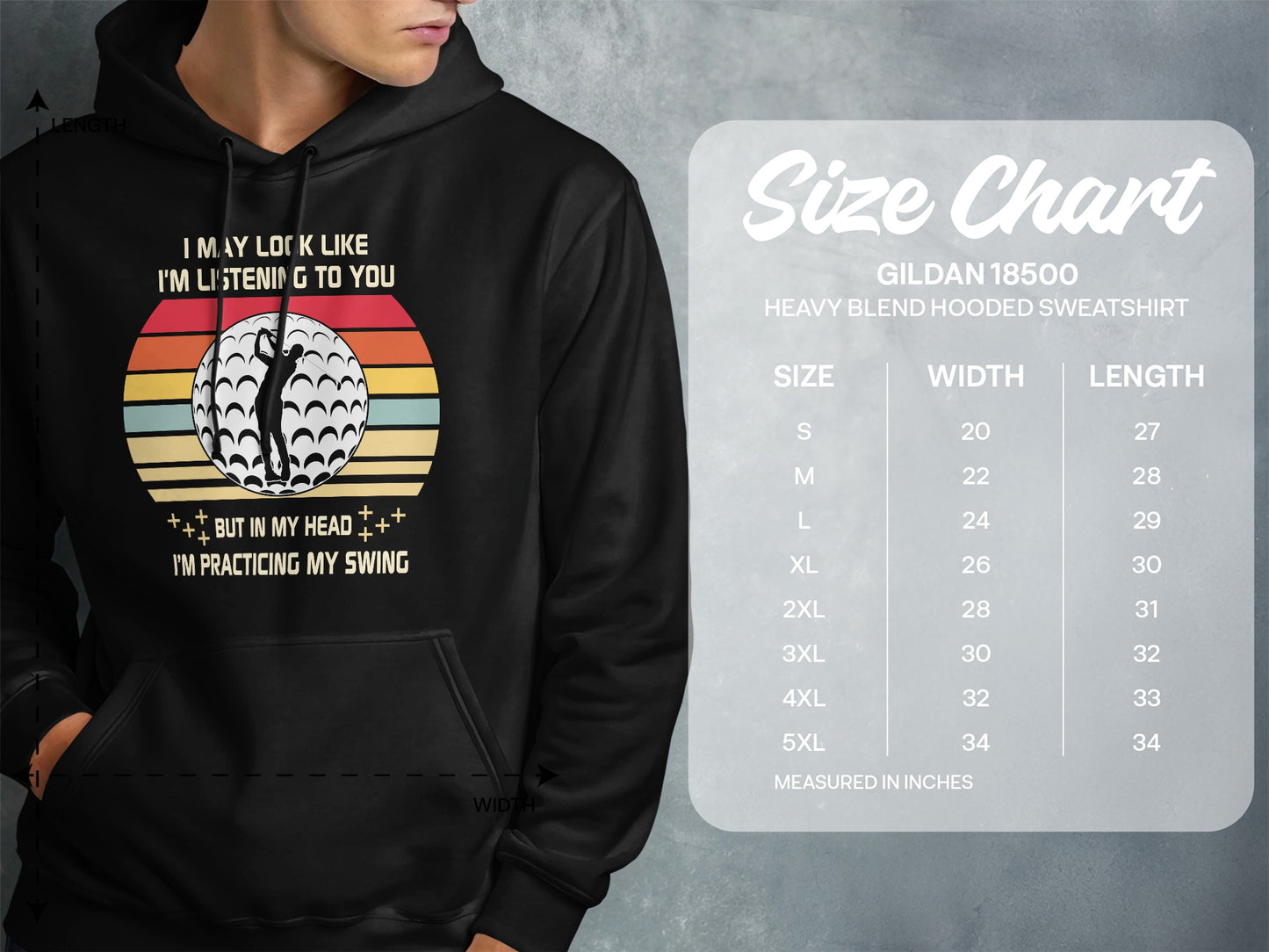 Hooded sweatshirt graphic with golf ball and text.