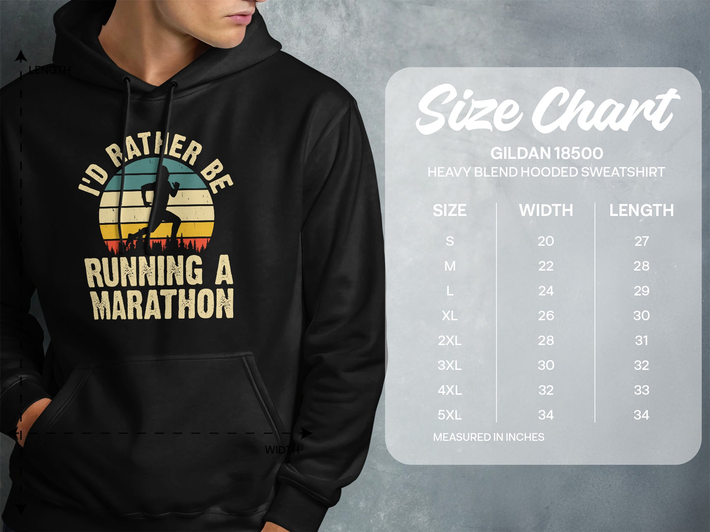 Gildan 18500 hoodie size chart with text "I'd rather be running a marathon".