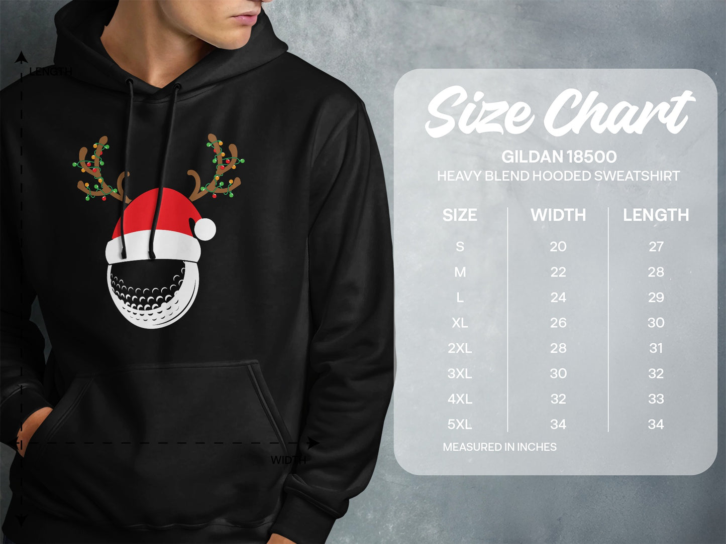 Gildan 18500 hooded sweatshirt size chart with measurements.