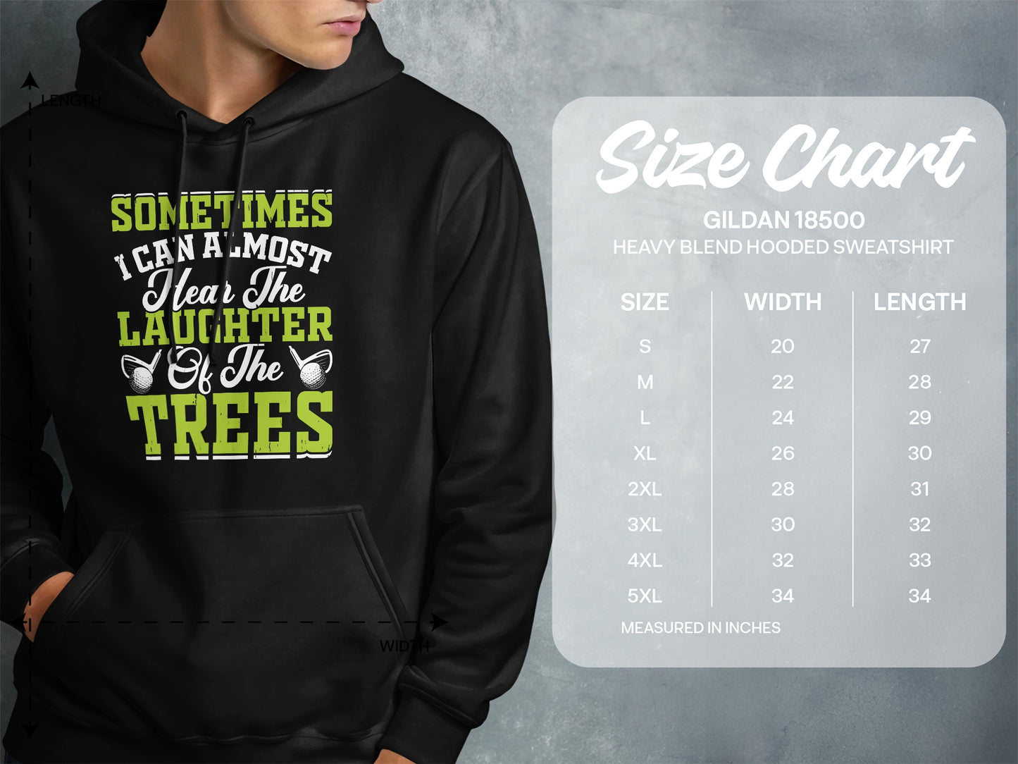 Black hoodie with "Sometimes I can almost hear the laughter of the trees" text and size chart.
