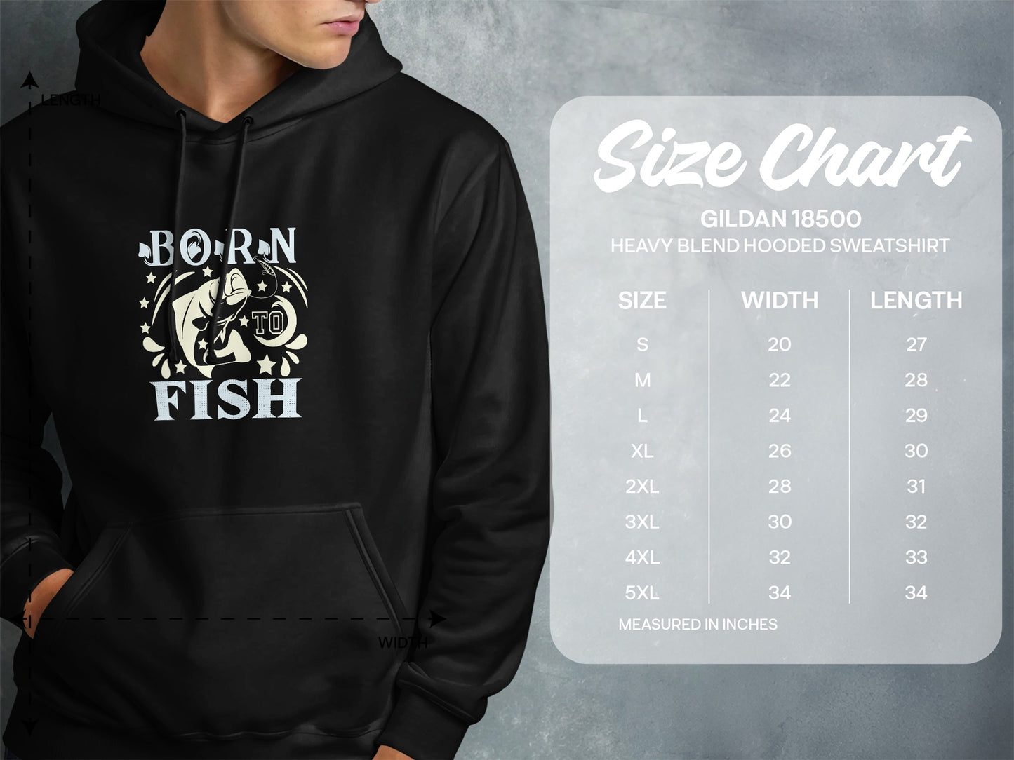 Gildan 18500 hooded sweatshirt size chart with measurements.