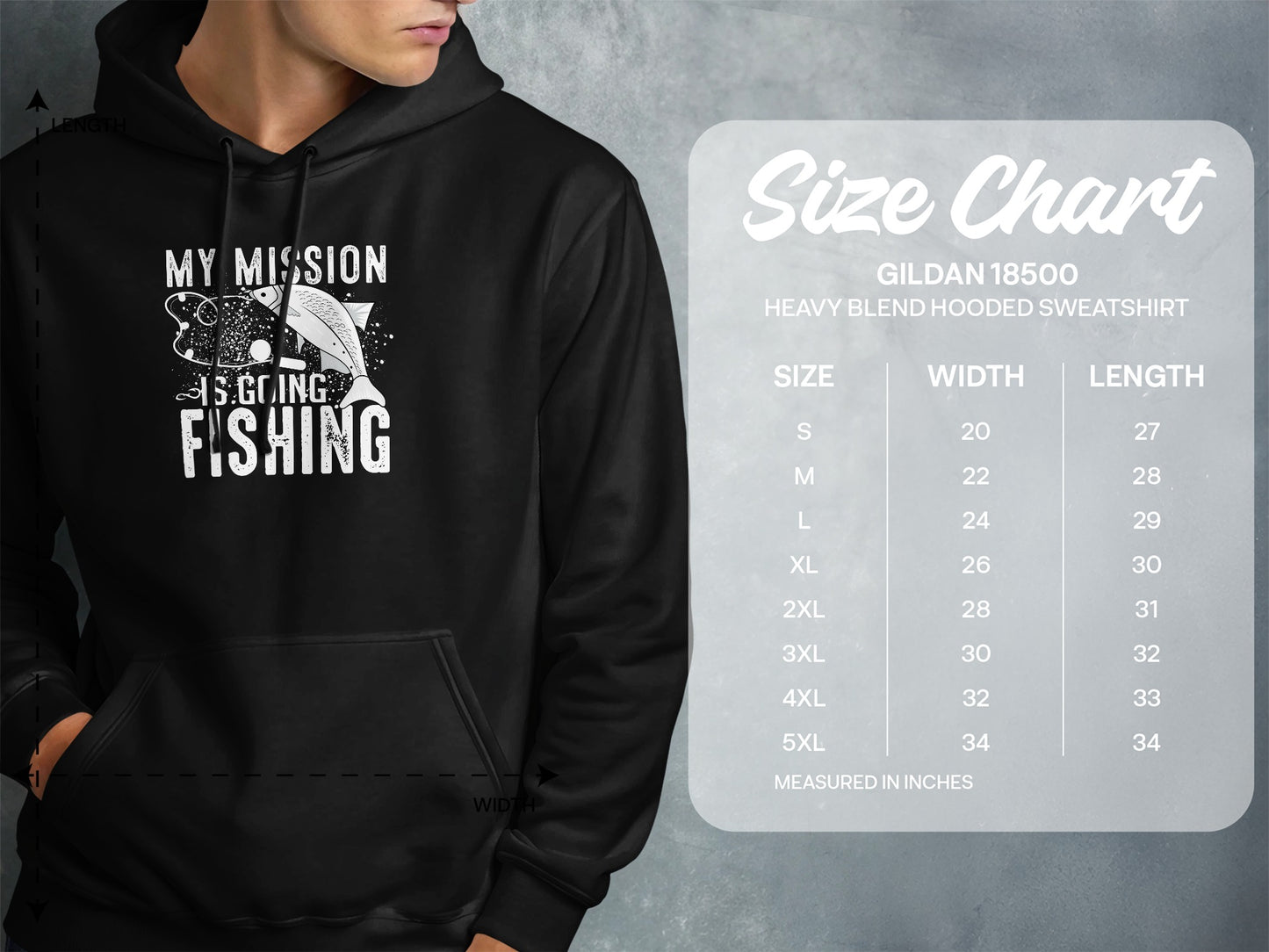 Gildan 18500 hooded sweatshirt size chart with measurements.