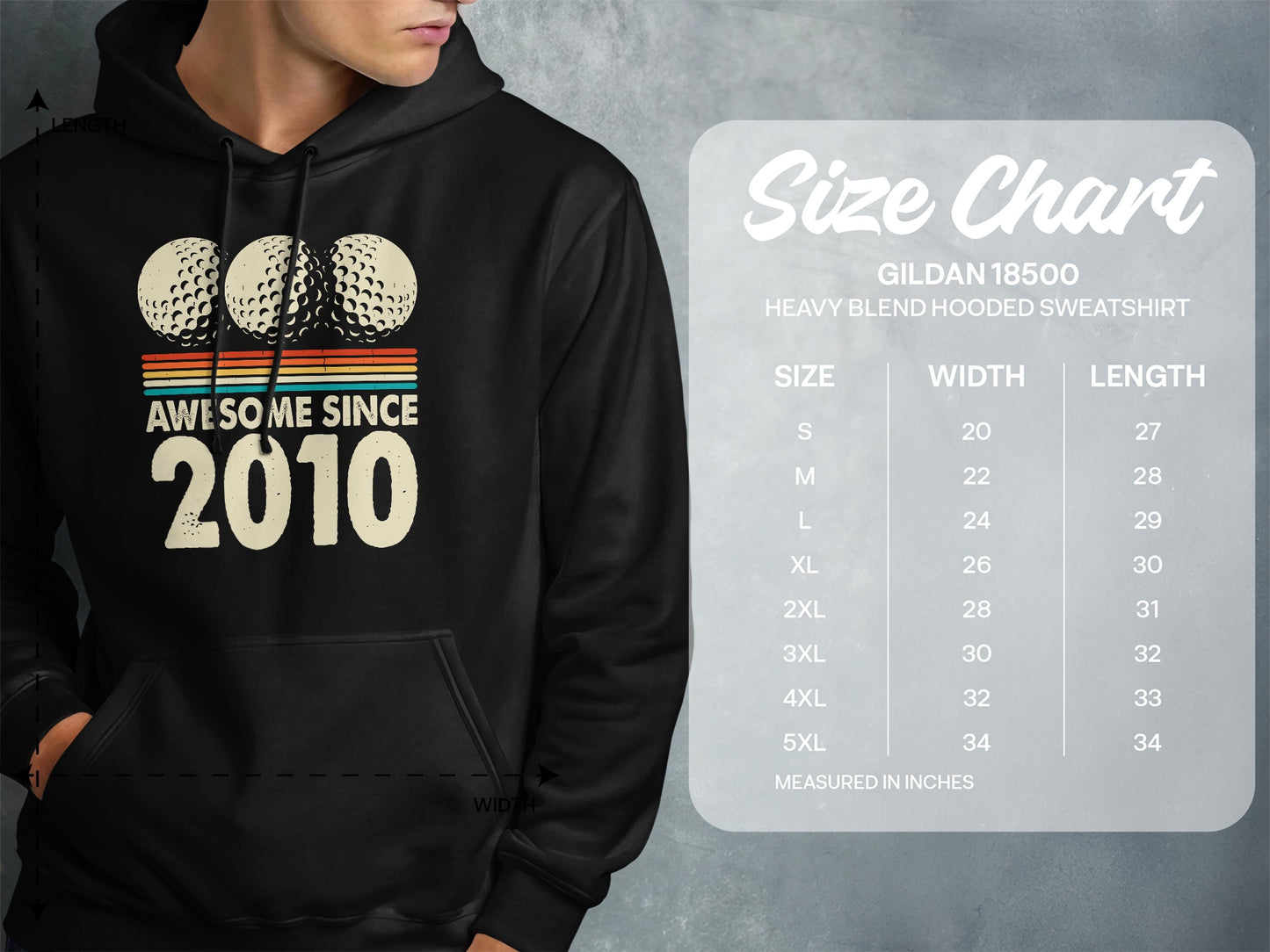 Hoodie displaying "Awesome Since 2010" with golf balls and a size chart.