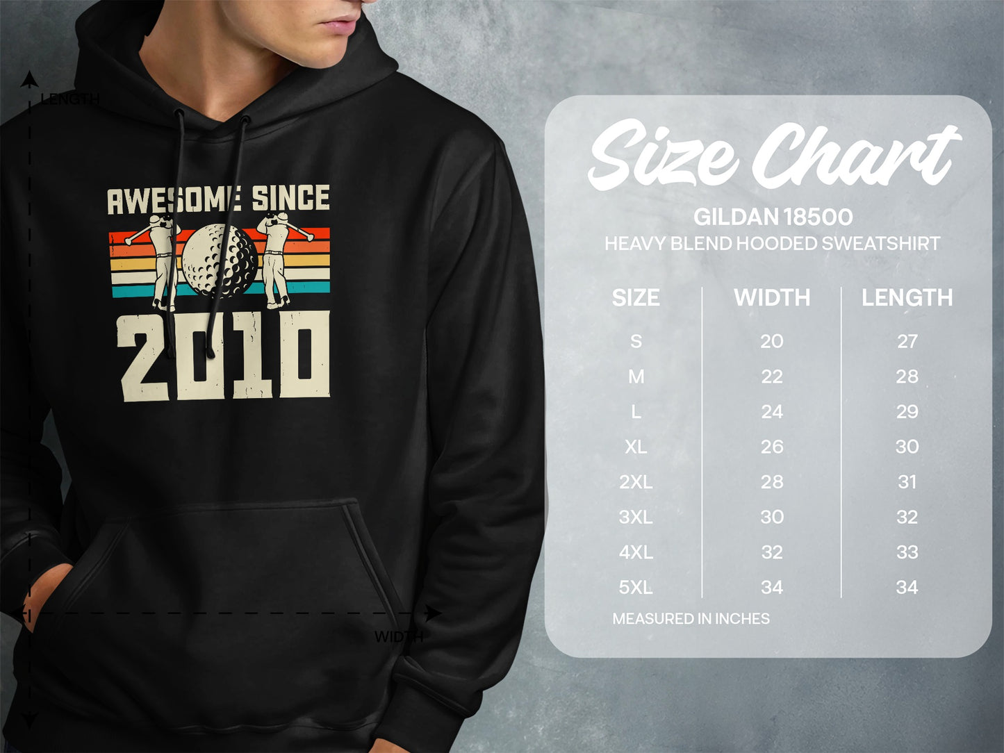 Size chart for Gildan 18500 heavy blend hooded sweatshirt.