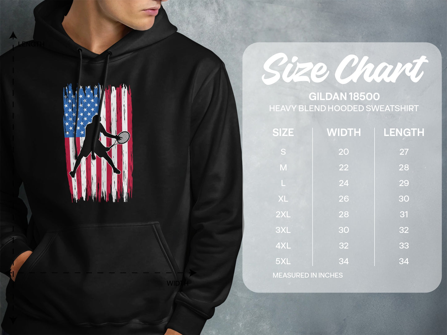 Hooded sweatshirt size chart for Gildan 18500 with US flag tennis player graphic.