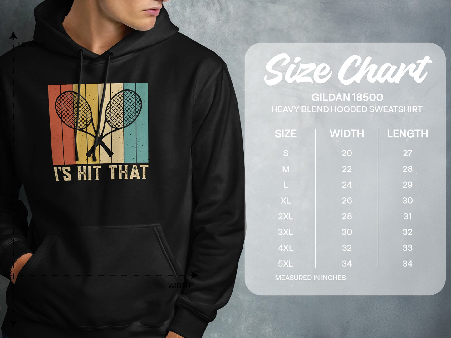 Gildan 18500 size chart for heavy blend hooded sweatshirt with tennis graphic.