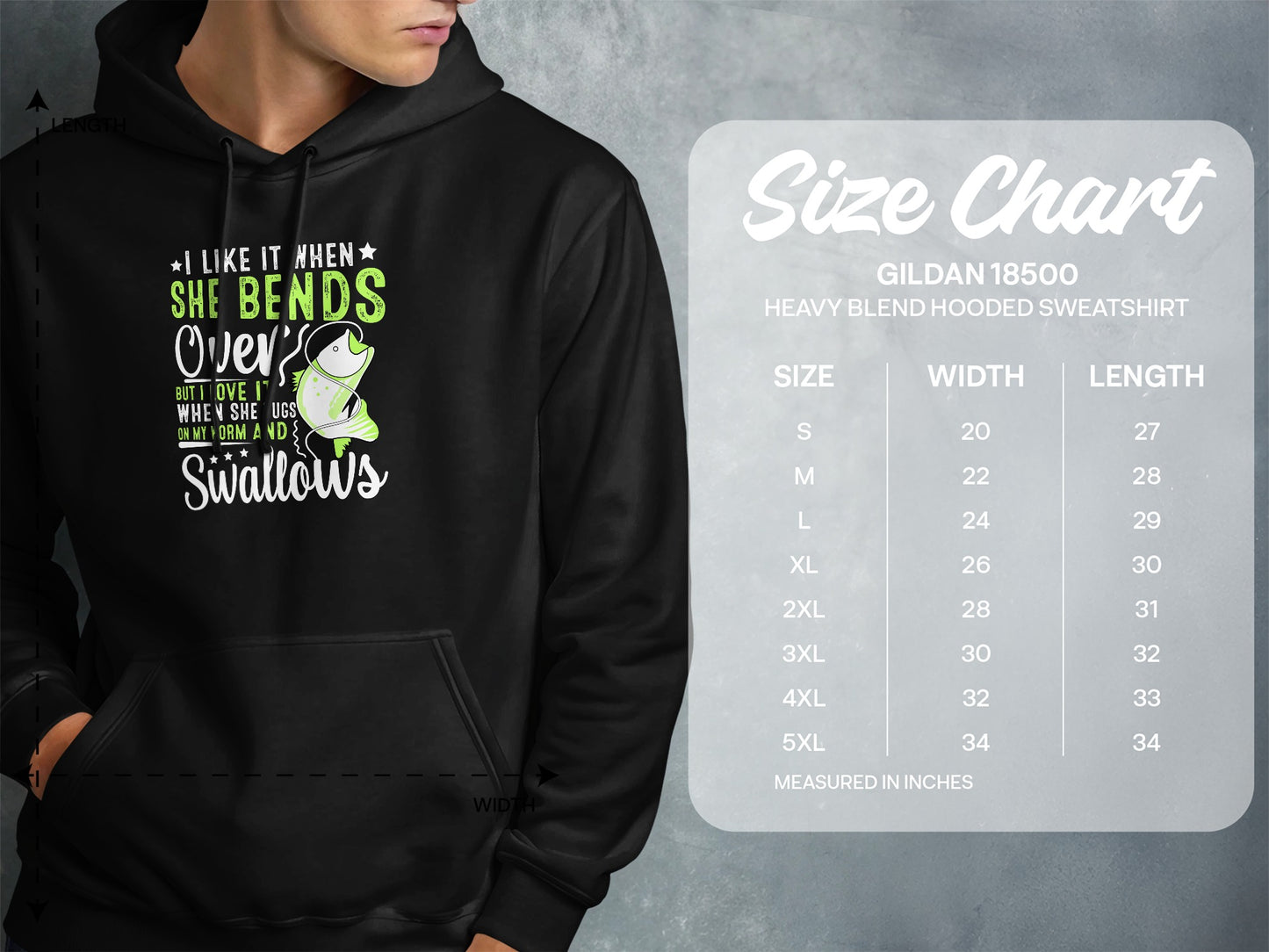 Hooded sweatshirt with "She Bends Over" fishing graphic and size chart.