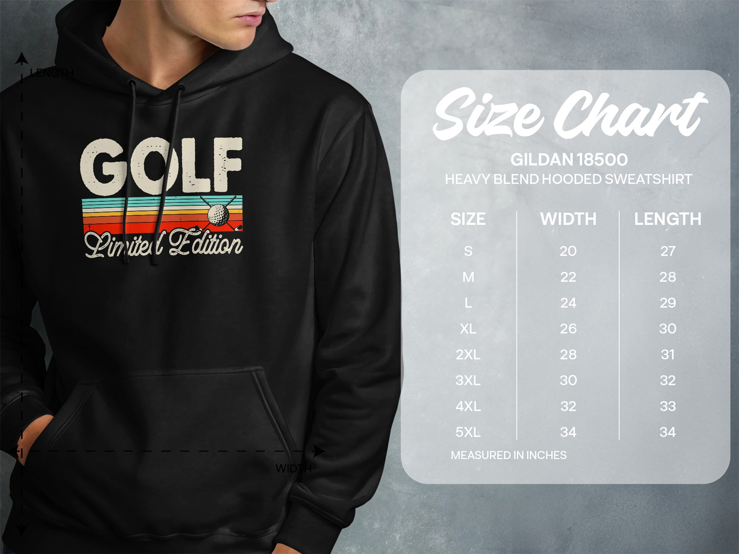 Gildan 18500 hooded sweatshirt size chart with "GOLF Limited Edition" graphic.