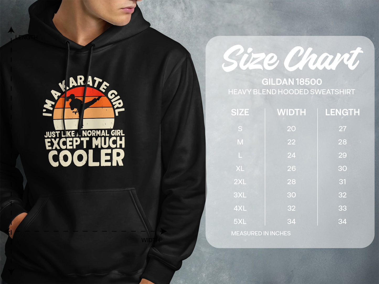 Hoodie with "I'm a karate girl, except much cooler" text and size chart.