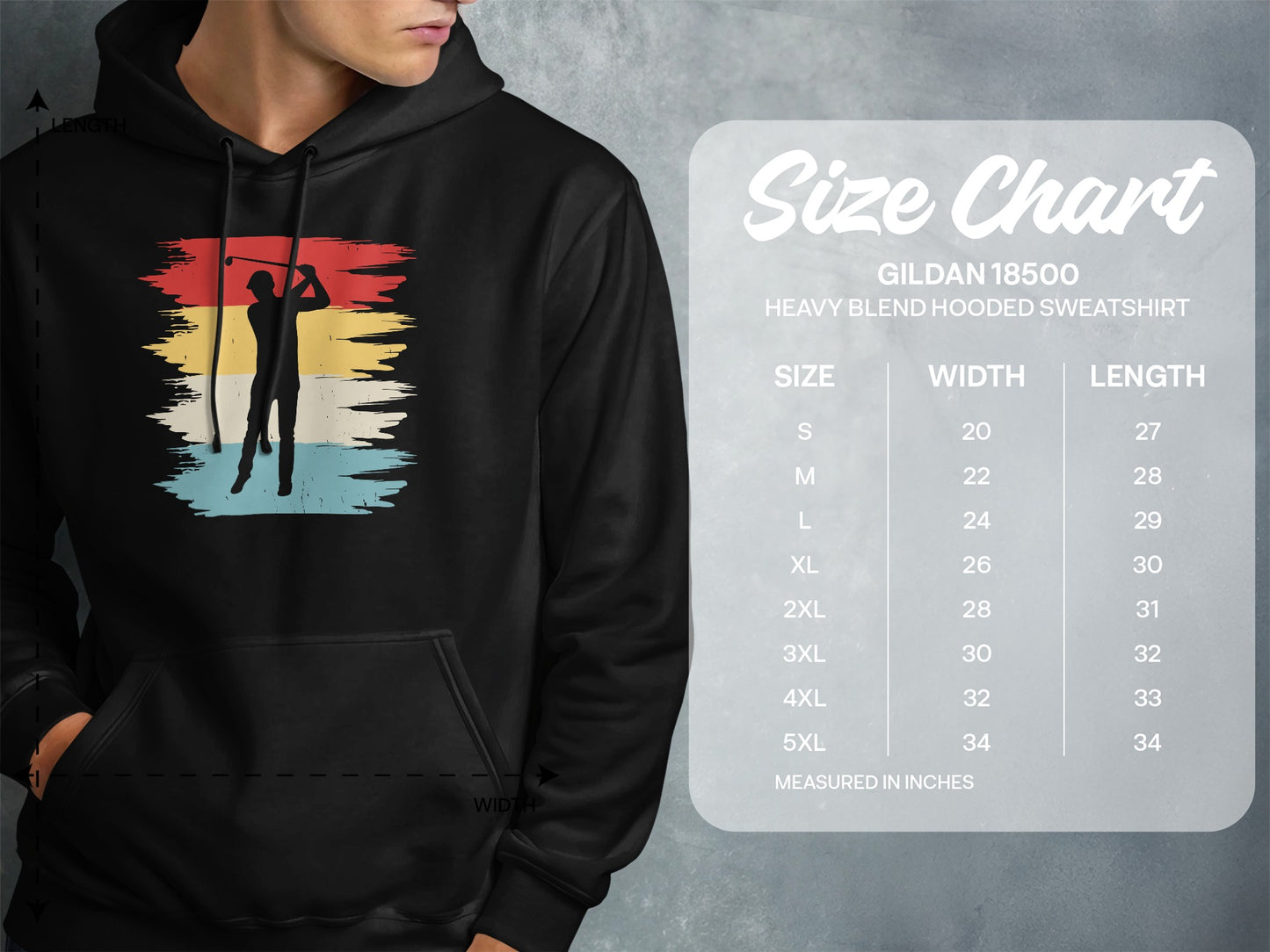 Gildan 18500 hooded sweatshirt size chart showing width and length measurements.